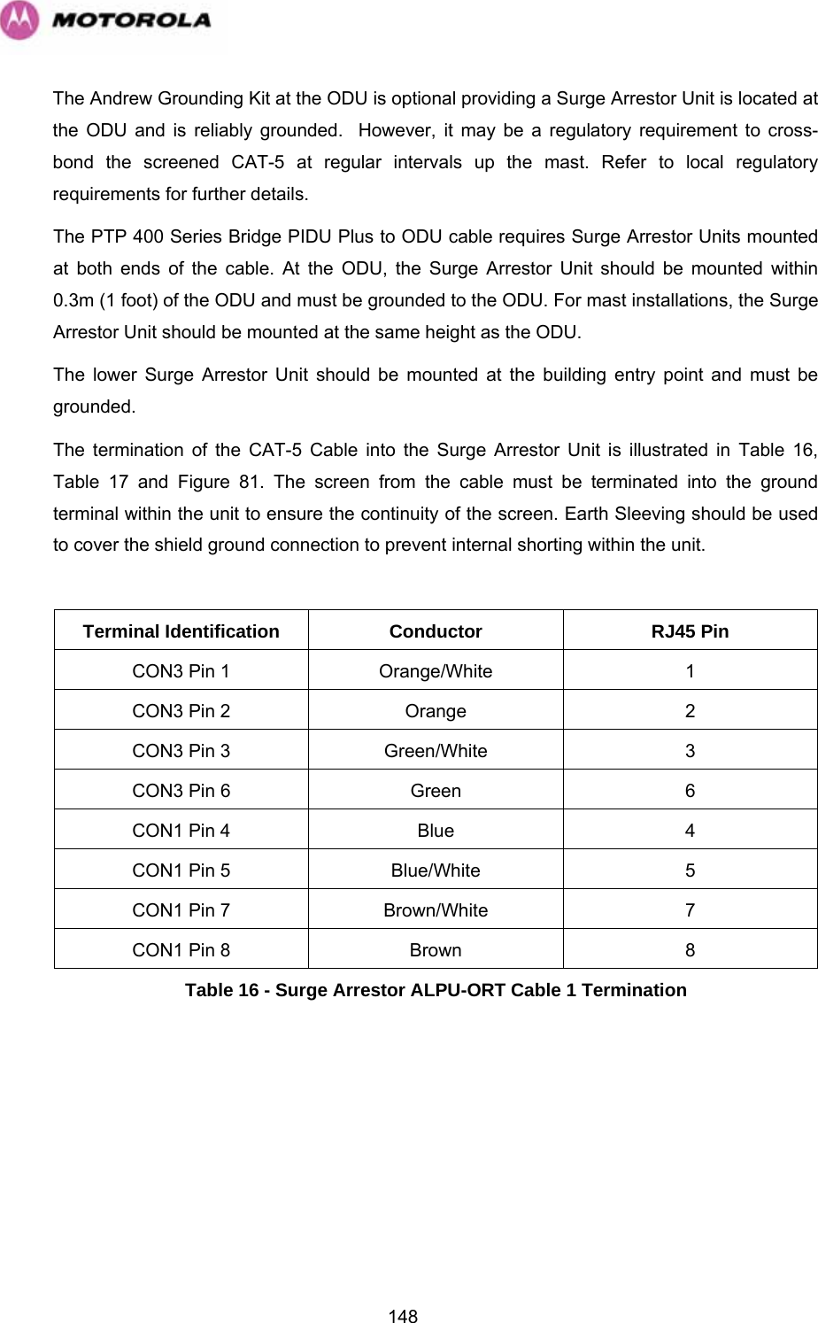   148The Andrew Grounding Kit at the ODU is optional providing a Surge Arrestor Unit is located at the ODU and is reliably grounded.  However, it may be a regulatory requirement to cross-bond the screened CAT-5 at regular intervals up the mast. Refer to local regulatory requirements for further details. The PTP 400 Series Bridge PIDU Plus to ODU cable requires Surge Arrestor Units mounted at both ends of the cable. At the ODU, the Surge Arrestor Unit should be mounted within 0.3m (1 foot) of the ODU and must be grounded to the ODU. For mast installations, the Surge Arrestor Unit should be mounted at the same height as the ODU. The lower Surge Arrestor Unit should be mounted at the building entry point and must be grounded. The termination of the CAT-5 Cable into the Surge Arrestor Unit is illustrated in Table 16, Table 17 and Figure 81. The screen from the cable must be terminated into the ground terminal within the unit to ensure the continuity of the screen. Earth Sleeving should be used to cover the shield ground connection to prevent internal shorting within the unit.  Terminal Identification  Conductor  RJ45 Pin CON3 Pin 1  Orange/White  1 CON3 Pin 2  Orange  2 CON3 Pin 3  Green/White  3 CON3 Pin 6  Green  6 CON1 Pin 4  Blue  4 CON1 Pin 5  Blue/White  5 CON1 Pin 7  Brown/White  7 CON1 Pin 8  Brown  8 Table 16 - Surge Arrestor ALPU-ORT Cable 1 Termination 