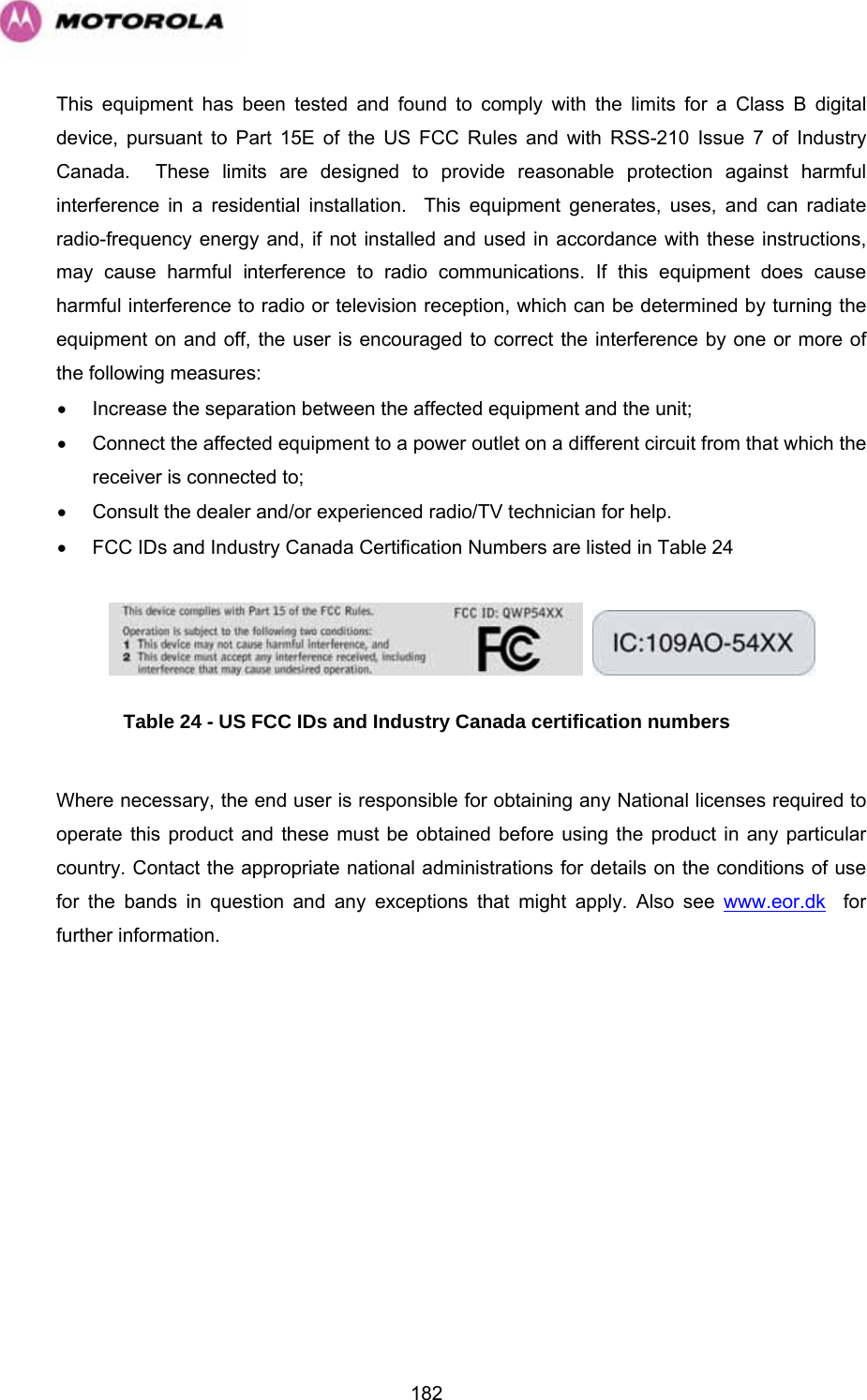   182This equipment has been tested and found to comply with the limits for a Class B digital device, pursuant to Part 15E of the US FCC Rules and with RSS-210 Issue 7 of Industry Canada.  These limits are designed to provide reasonable protection against harmful interference in a residential installation.  This equipment generates, uses, and can radiate radio-frequency energy and, if not installed and used in accordance with these instructions, may cause harmful interference to radio communications. If this equipment does cause harmful interference to radio or television reception, which can be determined by turning the equipment on and off, the user is encouraged to correct the interference by one or more of the following measures: •  Increase the separation between the affected equipment and the unit; •  Connect the affected equipment to a power outlet on a different circuit from that which the receiver is connected to; •  Consult the dealer and/or experienced radio/TV technician for help. •  FCC IDs and Industry Canada Certification Numbers are listed in Table 24      Table 24 - US FCC IDs and Industry Canada certification numbers  Where necessary, the end user is responsible for obtaining any National licenses required to operate this product and these must be obtained before using the product in any particular country. Contact the appropriate national administrations for details on the conditions of use for the bands in question and any exceptions that might apply. Also see www.eor.dk  for further information.  