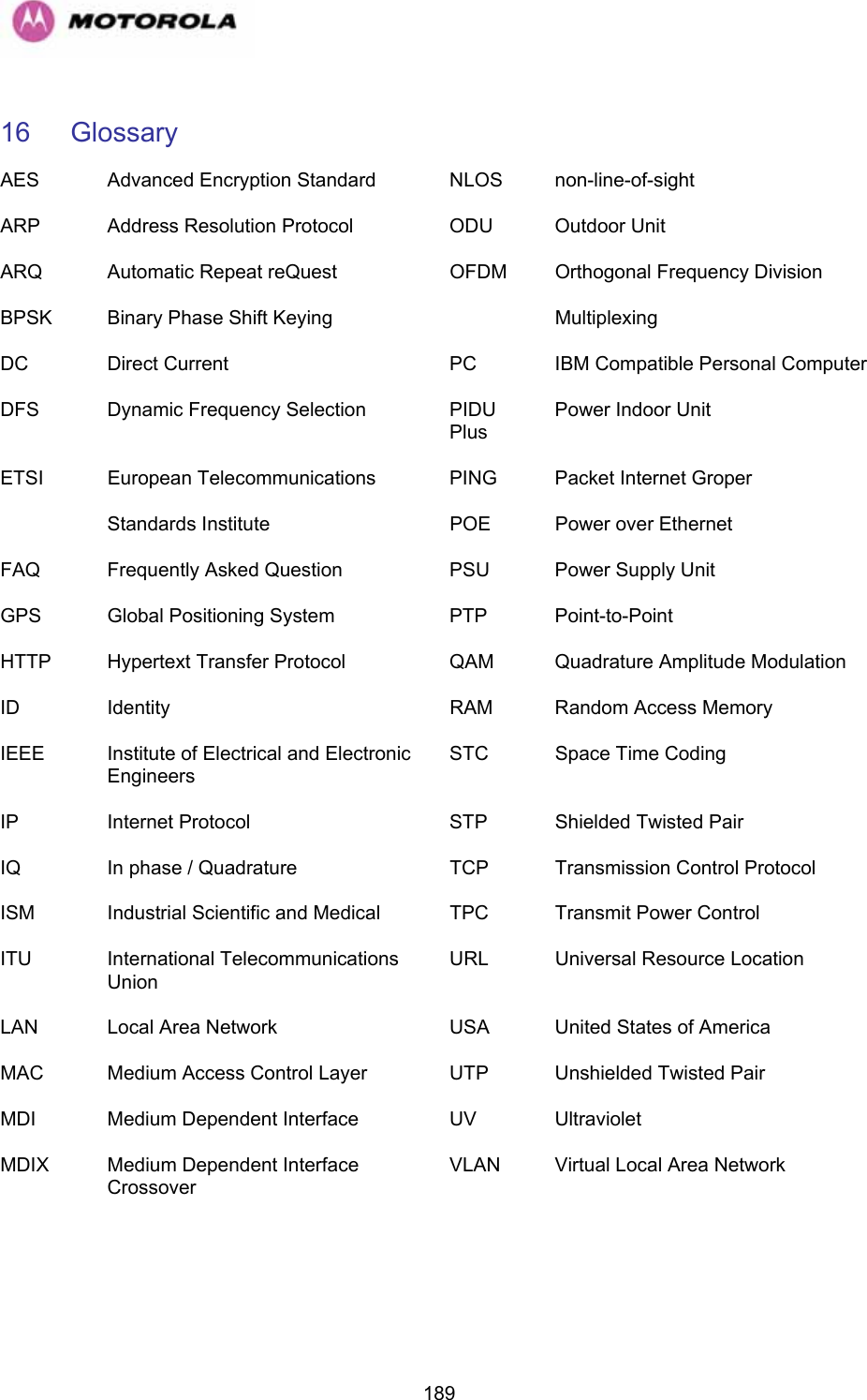   18916 Glossary  AES  Advanced Encryption Standard  NLOS   non-line-of-sight  ARP   Address Resolution Protocol  ODU   Outdoor Unit  ARQ  Automatic Repeat reQuest  OFDM   Orthogonal Frequency Division  BPSK   Binary Phase Shift Keying     Multiplexing DC   Direct Current   PC   IBM Compatible Personal Computer DFS   Dynamic Frequency Selection   PIDU Plus Power Indoor Unit ETSI   European Telecommunications   PING   Packet Internet Groper    Standards Institute   POE   Power over Ethernet  FAQ   Frequently Asked Question   PSU   Power Supply Unit  GPS   Global Positioning System   PTP   Point-to-Point  HTTP   Hypertext Transfer Protocol   QAM   Quadrature Amplitude Modulation ID   Identity   RAM   Random Access Memory  IEEE   Institute of Electrical and Electronic Engineers STC   Space Time Coding  IP   Internet Protocol   STP   Shielded Twisted Pair  IQ   In phase / Quadrature   TCP   Transmission Control Protocol  ISM   Industrial Scientific and Medical   TPC   Transmit Power Control  ITU   International Telecommunications Union URL   Universal Resource Location  LAN   Local Area Network   USA   United States of America  MAC   Medium Access Control Layer   UTP   Unshielded Twisted Pair  MDI   Medium Dependent Interface   UV   Ultraviolet  MDIX   Medium Dependent Interface Crossover VLAN   Virtual Local Area Network  