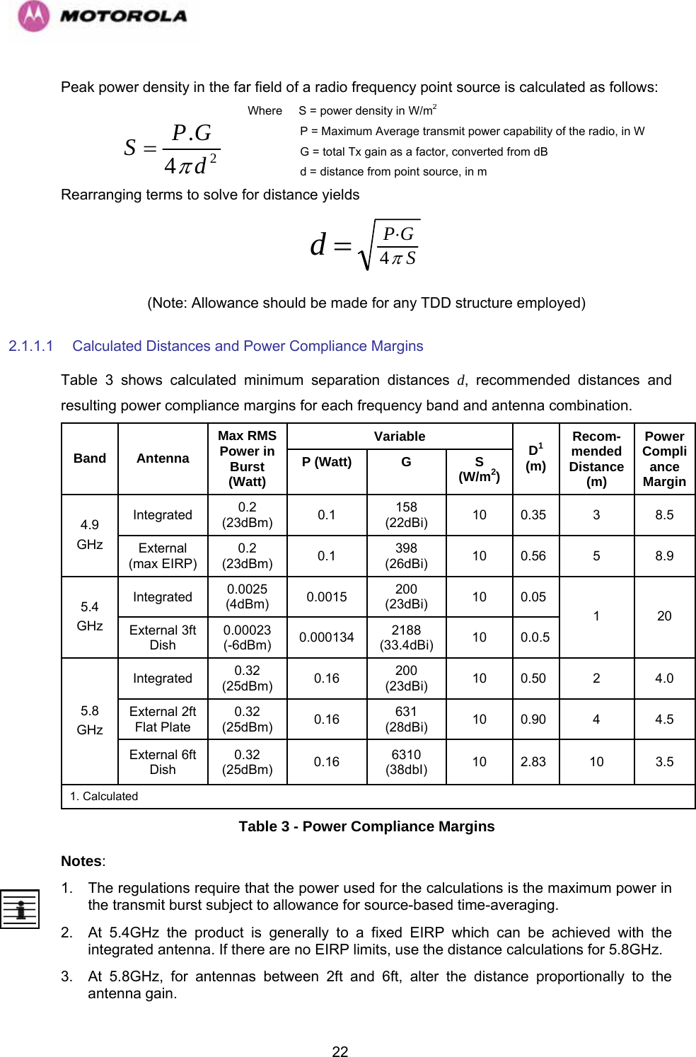   22Rearranging terms to solvePeak power density in the far field of a radio frequency point source is calculated as follows:    for distance yields SGPdπ4⋅= (Note: Allowance should be made for any TDD structure employed)  Where     S = power density in W/m2                 P = Maximum Average transmit power capability of the radio, in W                  G = total Tx gain as a factor, converted from dB                  d = distance from point source, in m 24.dGPSπ=2.1.1.1  Calculated Distances and Power Compliance Margins Table 3 shows calculated minimum separation distances d, recommended distances and resulting power compliance margins for each frequency band and antenna combination. Variable Band Antenna Max RMS Power in Burst (Watt) P (Watt)  G  S (W/m2) D1 (m) Recom-mendedDistance (m) PowerCompliance Margin Integrated  0.2 (23dBm)  0.1  158 (22dBi)  10 0.35  3  8.5 4.9  GHz  External (max EIRP) 0.2 (23dBm)  0.1  398 (26dBi)  10 0.56  5  8.9 Integrated  0.0025 (4dBm)  0.0015  200 (23dBi)  10 0.05 5.4  GHz  External 3ft Dish 0.00023     (-6dBm)  0.000134  2188 (33.4dBi)  10 0.0.5 1 20 Integrated  0.32 (25dBm)  0.16  200 (23dBi)  10 0.50  2  4.0 External 2ft Flat Plate 0.32 (25dBm)  0.16  631 (28dBi)  10 0.90  4  4.5 5.8  GHz External 6ft Dish 0.32 (25dBm)  0.16  6310 (38dbI)  10 2.83  10  3.5 1. Calculated Table 3 - Power Compliance Margins Notes: 1.  The regulations require that the power used for the calculations is the maximum power in the transmit burst subject to allowance for source-based time-averaging.  2.  At 5.4GHz the product is generally to a fixed EIRP which can be achieved with the integrated antenna. If there are no EIRP limits, use the distance calculations for 5.8GHz. 3.  At 5.8GHz, for antennas between 2ft and 6ft, alter the distance proportionally to the antenna gain. 