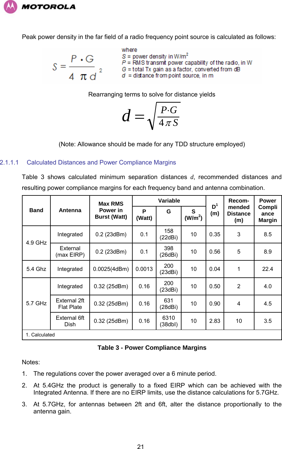   21Peak power density in the far field of a radio frequency point source is calculated as follows:  Rearranging terms to solve for distance yields SGPdπ4⋅= (Note: Allowance should be made for any TDD structure employed) 2.1.1.1  Calculated Distances and Power Compliance Margins Table 3 shows calculated minimum separation distances d, recommended distances and resulting power compliance margins for each frequency band and antenna combination. Variable Band Antenna  Max RMS Power in Burst (Watt)  P (Watt)  G S (W/m2) D1 (m) Recom- mended Distance (m) PowerCompliance Margin Integrated 0.2 (23dBm)  0.1  158 (22dBi) 10 0.35  3  8.5 4.9 GHz External (max EIRP)  0.2 (23dBm)  0.1  398 (26dBi) 10 0.56  5  8.9 5.4 Ghz  Integrated  0.0025(4dBm)  0.0013 200 (23dBi) 10 0.04  1  22.4 Integrated 0.32 (25dBm) 0.16  200 (23dBi) 10 0.50  2  4.0 External 2ft Flat Plate  0.32 (25dBm)  0.16  631 (28dBi) 10 0.90  4  4.5 5.7 GHz External 6ft Dish  0.32 (25dBm)  0.16  6310 (38dbI)  10 2.83  10  3.5 1. Calculated Table 3 - Power Compliance Margins Notes: 1.  The regulations cover the power averaged over a 6 minute period. 2.  At 5.4GHz the product is generally to a fixed EIRP which can be achieved with the Integrated Antenna. If there are no EIRP limits, use the distance calculations for 5.7GHz. 3.  At 5.7GHz, for antennas between 2ft and 6ft, alter the distance proportionally to the antenna gain. 
