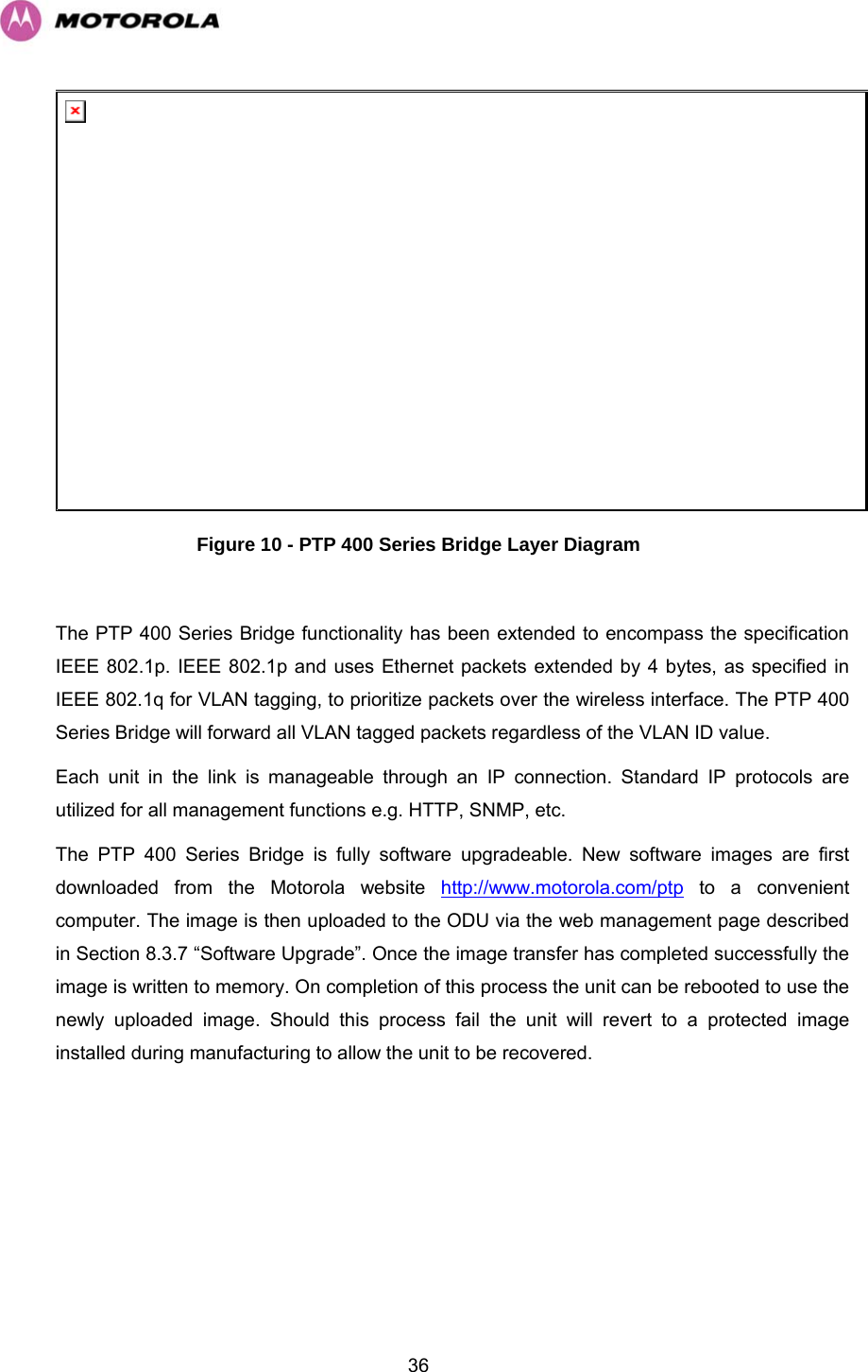   36 Figure 10 - PTP 400 Series Bridge Layer Diagram  The PTP 400 Series Bridge functionality has been extended to encompass the specification IEEE 802.1p. IEEE 802.1p and uses Ethernet packets extended by 4 bytes, as specified in IEEE 802.1q for VLAN tagging, to prioritize packets over the wireless interface. The PTP 400 Series Bridge will forward all VLAN tagged packets regardless of the VLAN ID value. Each unit in the link is manageable through an IP connection. Standard IP protocols are utilized for all management functions e.g. HTTP, SNMP, etc. The PTP 400 Series Bridge is fully software upgradeable. New software images are first downloaded from the Motorola website http://www.motorola.com/ptp to a convenient computer. The image is then uploaded to the ODU via the web management page described in Section 8.3.7 “Software Upgrade”. Once the image transfer has completed successfully the image is written to memory. On completion of this process the unit can be rebooted to use the newly uploaded image. Should this process fail the unit will revert to a protected image installed during manufacturing to allow the unit to be recovered.  