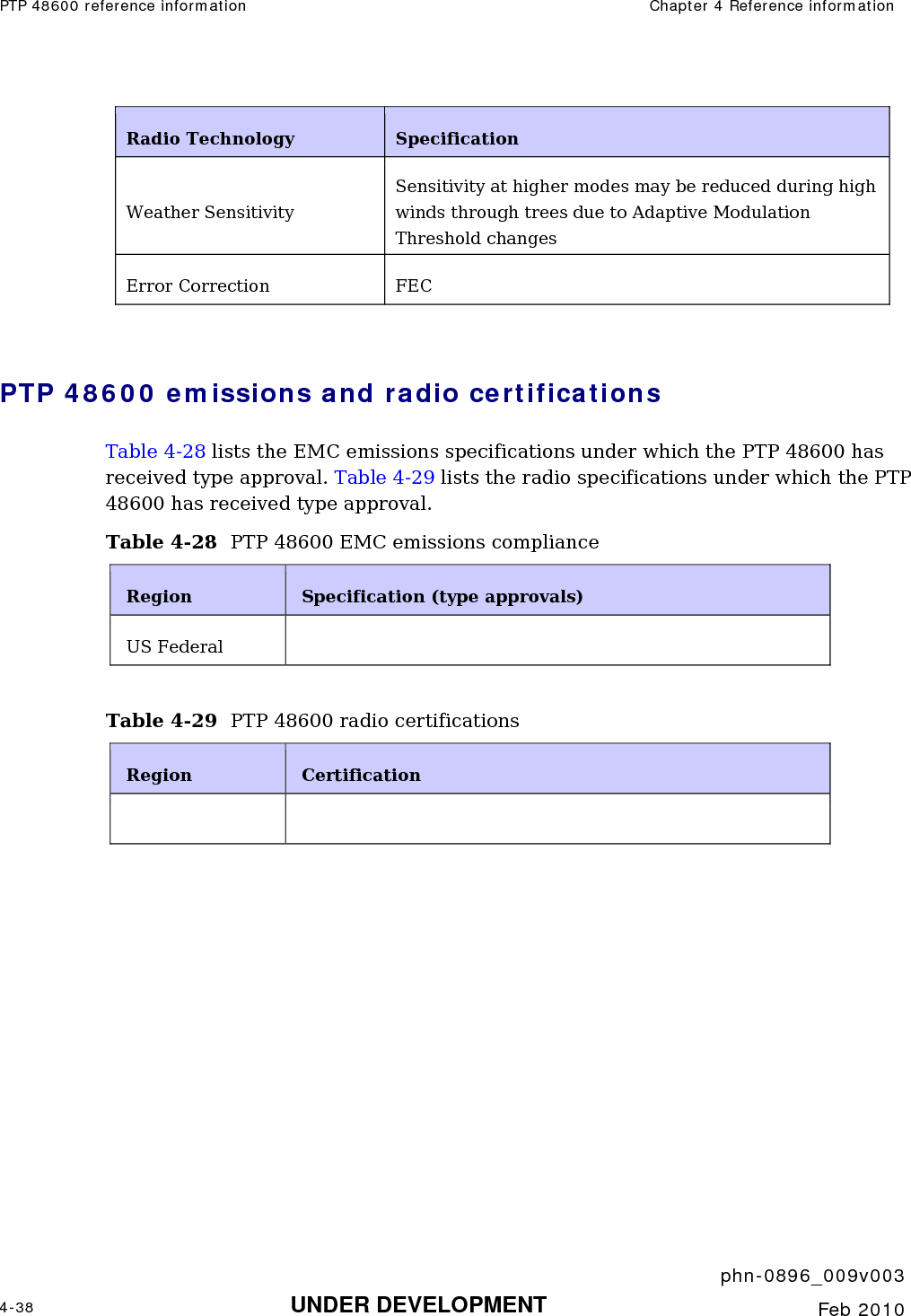 PTP 48600 reference information  Chapter 4 Reference information     phn-0896_009v003 4-38 UNDER DEVELOPMENT  Feb 2010  Radio Technology   Specification  Weather Sensitivity Sensitivity at higher modes may be reduced during high winds through trees due to Adaptive Modulation Threshold changes Error Correction  FEC  PTP 48600 emissions and radio certifications Table 4-28 lists the EMC emissions specifications under which the PTP 48600 has received type approval. Table 4-29 lists the radio specifications under which the PTP 48600 has received type approval. Table 4-28  PTP 48600 EMC emissions compliance Region  Specification (type approvals) US Federal    Table 4-29  PTP 48600 radio certifications Region  Certification    