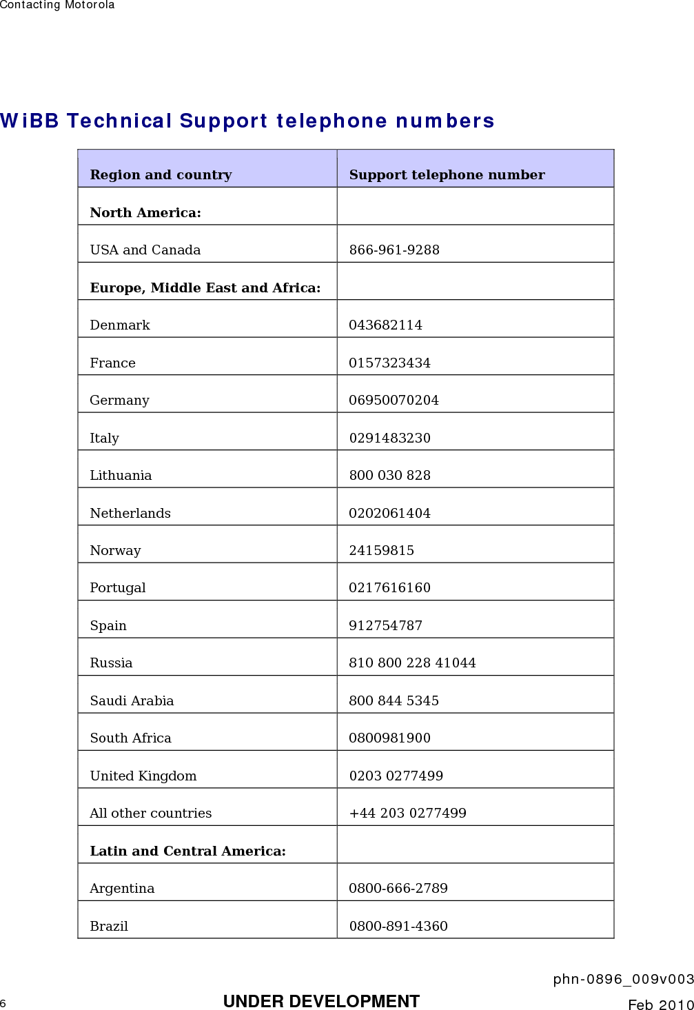 Contacting Motorola       phn-0896_009v003 6 UNDER DEVELOPMENT  Feb 2010  WiBB Technical Support telephone numbers Region and country  Support telephone number North America:  USA and Canada  866-961-9288  Europe, Middle East and Africa:  Denmark 043682114 France 0157323434 Germany 06950070204 Italy 0291483230 Lithuania  800 030 828 Netherlands 0202061404 Norway 24159815 Portugal 0217616160 Spain 912754787 Russia  810 800 228 41044 Saudi Arabia  800 844 5345 South Africa  0800981900 United Kingdom  0203 0277499 All other countries  +44 203 0277499 Latin and Central America:  Argentina 0800-666-2789 Brazil 0800-891-4360 