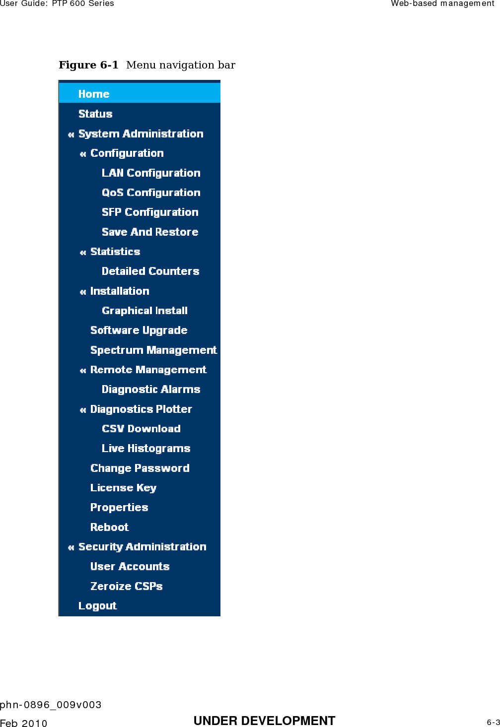 User Guide: PTP 600 Series  Web-based management    phn-0896_009v003   Feb 2010  UNDER DEVELOPMENT  6-3  Figure 6-1  Menu navigation bar    