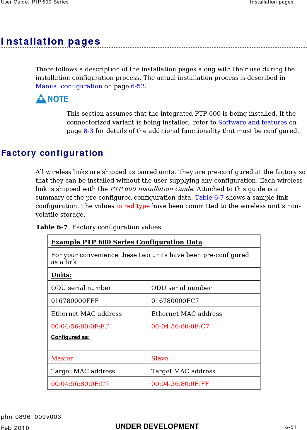User Guide: PTP 600 Series  Installation pages    phn-0896_009v003   Feb 2010  UNDER DEVELOPMENT  6-51  Installation pages There follows a description of the installation pages along with their use during the installation configuration process. The actual installation process is described in Manual configuration on page 6-52.  NOTE This section assumes that the integrated PTP 600 is being installed. If the connectorized variant is being installed, refer to Software and features on page 8-3 for details of the additional functionality that must be configured. Factory configuration All wireless links are shipped as paired units. They are pre-configured at the factory so that they can be installed without the user supplying any configuration. Each wireless link is shipped with the PTP 600 Installation Guide. Attached to this guide is a summary of the pre-configured configuration data. Table 6-7 shows a sample link configuration. The values in red type have been committed to the wireless unit’s non-volatile storage. Table 6-7  Factory configuration values Example PTP 600 Series Configuration Data For your convenience these two units have been pre-configured as a link Units: ODU serial number  ODU serial number 016780000FFF 016780000FC7 Ethernet MAC address  Ethernet MAC address 00:04:56:80:0F:FF 00:04:56:80:0F:C7 Configured as: Master Slave Target MAC address  Target MAC address 00:04:56:80:0F:C7 00:04:56:80:0F:FF 