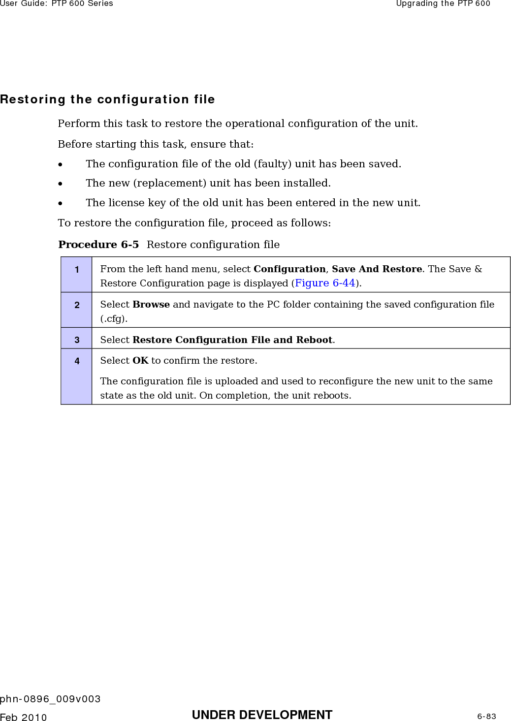 User Guide: PTP 600 Series  Upgrading the PTP 600    phn-0896_009v003   Feb 2010  UNDER DEVELOPMENT  6-83   Restoring the configuration file Perform this task to restore the operational configuration of the unit. Before starting this task, ensure that: • The configuration file of the old (faulty) unit has been saved. • The new (replacement) unit has been installed. • The license key of the old unit has been entered in the new unit. To restore the configuration file, proceed as follows: Procedure 6-5  Restore configuration file 1  From the left hand menu, select Configuration, Save And Restore. The Save &amp; Restore Configuration page is displayed (Figure 6-44). 2  Select Browse and navigate to the PC folder containing the saved configuration file (.cfg). 3  Select Restore Configuration File and Reboot. 4  Select OK to confirm the restore. The configuration file is uploaded and used to reconfigure the new unit to the same state as the old unit. On completion, the unit reboots.  
