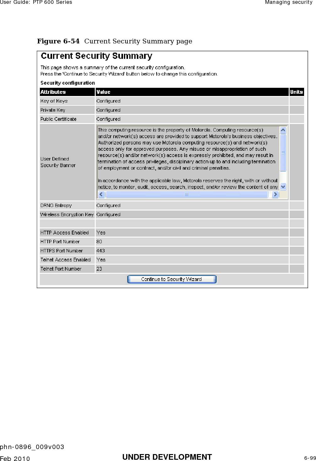 User Guide: PTP 600 Series  Managing security    phn-0896_009v003   Feb 2010  UNDER DEVELOPMENT  6-99  Figure 6-54  Current Security Summary page   