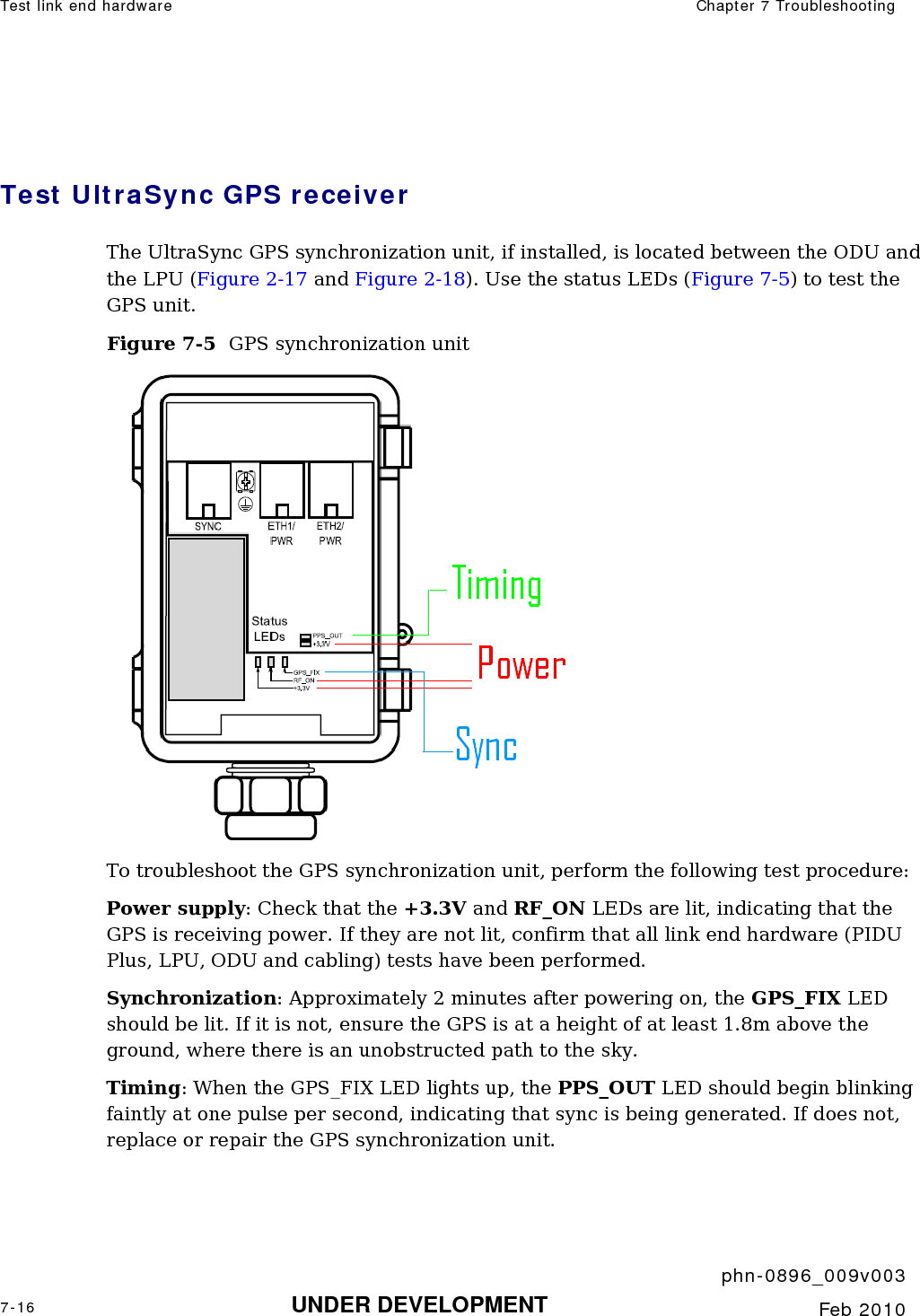 Test link end hardware  Chapter 7 Troubleshooting     phn-0896_009v003 7-16 UNDER DEVELOPMENT  Feb 2010   Test UltraSync GPS receiver The UltraSync GPS synchronization unit, if installed, is located between the ODU and the LPU (Figure 2-17 and Figure 2-18). Use the status LEDs (Figure 7-5) to test the GPS unit. Figure 7-5  GPS synchronization unit  To troubleshoot the GPS synchronization unit, perform the following test procedure: Power supply: Check that the +3.3V and RF_ON LEDs are lit, indicating that the GPS is receiving power. If they are not lit, confirm that all link end hardware (PIDU Plus, LPU, ODU and cabling) tests have been performed. Synchronization: Approximately 2 minutes after powering on, the GPS_FIX LED should be lit. If it is not, ensure the GPS is at a height of at least 1.8m above the ground, where there is an unobstructed path to the sky. Timing: When the GPS_FIX LED lights up, the PPS_OUT LED should begin blinking faintly at one pulse per second, indicating that sync is being generated. If does not, replace or repair the GPS synchronization unit.  