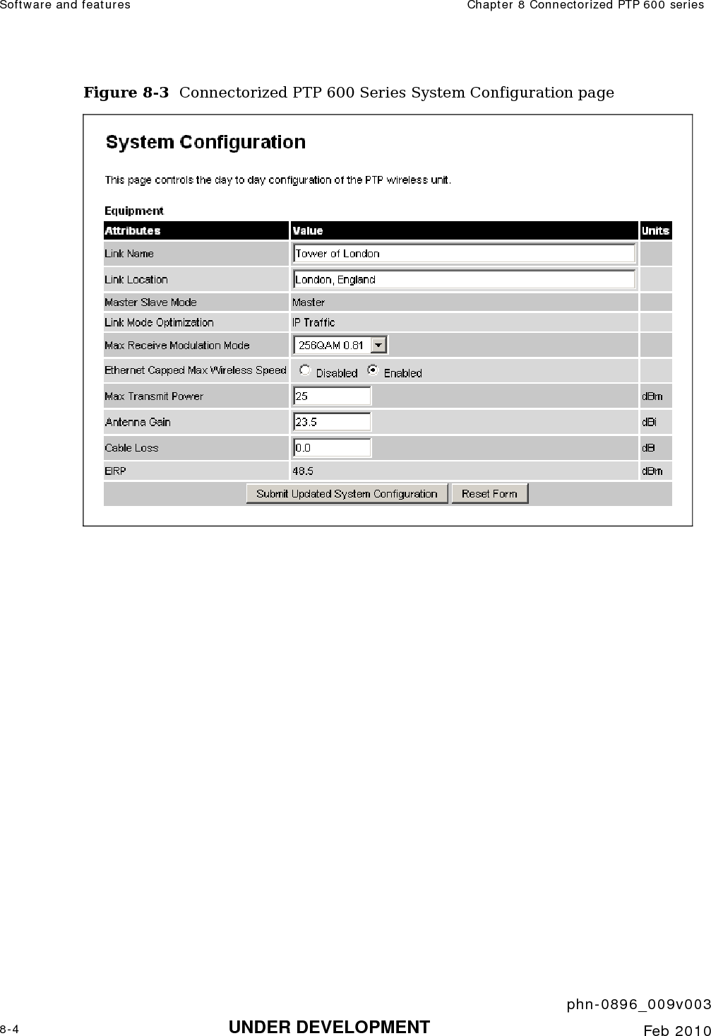 Software and features  Chapter 8 Connectorized PTP 600 series     phn-0896_009v003 8-4 UNDER DEVELOPMENT  Feb 2010  Figure 8-3  Connectorized PTP 600 Series System Configuration page  