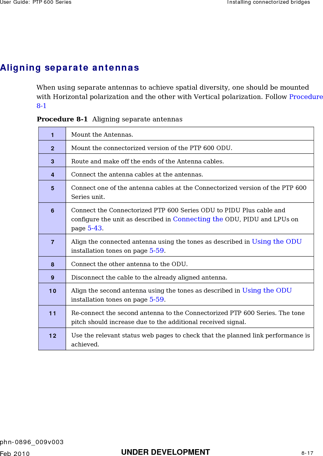 User Guide: PTP 600 Series  Installing connectorized bridges    phn-0896_009v003   Feb 2010  UNDER DEVELOPMENT  8-17   Aligning separate antennas When using separate antennas to achieve spatial diversity, one should be mounted with Horizontal polarization and the other with Vertical polarization. Follow Procedure 8-1 Procedure 8-1  Aligning separate antennas 1  Mount the Antennas. 2  Mount the connectorized version of the PTP 600 ODU. 3  Route and make off the ends of the Antenna cables. 4  Connect the antenna cables at the antennas. 5  Connect one of the antenna cables at the Connectorized version of the PTP 600 Series unit. 6  Connect the Connectorized PTP 600 Series ODU to PIDU Plus cable and configure the unit as described in Connecting the ODU, PIDU and LPUs on page 5-43. 7  Align the connected antenna using the tones as described in Using the ODU installation tones on page 5-59. 8  Connect the other antenna to the ODU. 9  Disconnect the cable to the already aligned antenna. 10  Align the second antenna using the tones as described in Using the ODU installation tones on page 5-59. 11  Re-connect the second antenna to the Connectorized PTP 600 Series. The tone pitch should increase due to the additional received signal. 12  Use the relevant status web pages to check that the planned link performance is achieved.  
