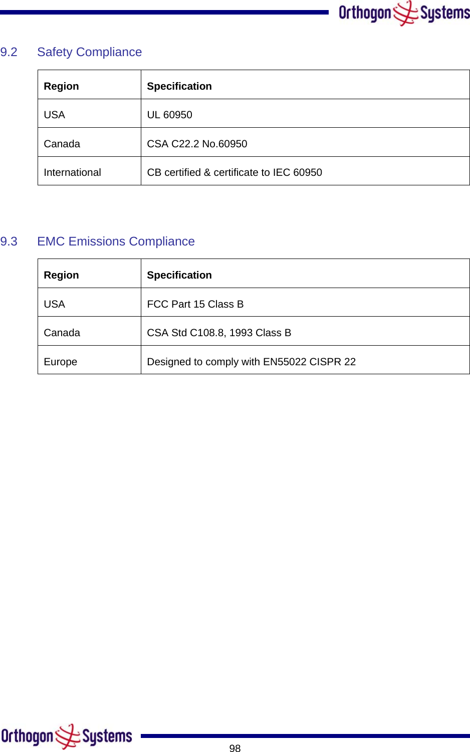       989.2  Safety Compliance  Region Specification USA UL 60950 Canada CSA C22.2 No.60950 International CB certified &amp; certificate to IEC 60950    9.3  EMC Emissions Compliance   Region Specification USA  FCC Part 15 Class B Canada  CSA Std C108.8, 1993 Class B Europe  Designed to comply with EN55022 CISPR 22    
