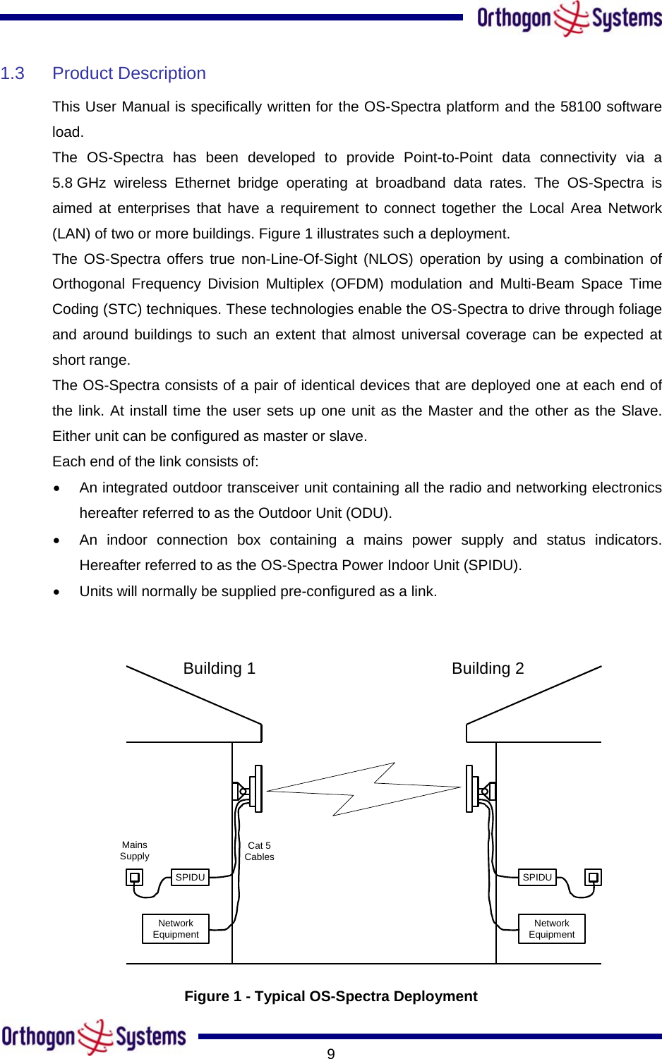       91.3 Product Description This User Manual is specifically written for the OS-Spectra platform and the 58100 software load. The OS-Spectra has been developed to provide Point-to-Point data connectivity via a 5.8 GHz wireless Ethernet bridge operating at broadband data rates. The OS-Spectra is aimed at enterprises that have a requirement to connect together the Local Area Network (LAN) of two or more buildings. Figure 1 illustrates such a deployment.  The OS-Spectra offers true non-Line-Of-Sight (NLOS) operation by using a combination of Orthogonal Frequency Division Multiplex (OFDM) modulation and Multi-Beam Space Time Coding (STC) techniques. These technologies enable the OS-Spectra to drive through foliage and around buildings to such an extent that almost universal coverage can be expected at short range.  The OS-Spectra consists of a pair of identical devices that are deployed one at each end of the link. At install time the user sets up one unit as the Master and the other as the Slave. Either unit can be configured as master or slave.  Each end of the link consists of:  •  An integrated outdoor transceiver unit containing all the radio and networking electronics hereafter referred to as the Outdoor Unit (ODU).  •  An indoor connection box containing a mains power supply and status indicators. Hereafter referred to as the OS-Spectra Power Indoor Unit (SPIDU).  •  Units will normally be supplied pre-configured as a link.  SPIDUNetworkEquipmentSPIDUNetworkEquipmentMainsSupply Cat 5CablesBuilding 1 Building 2 Figure 1 - Typical OS-Spectra Deployment 