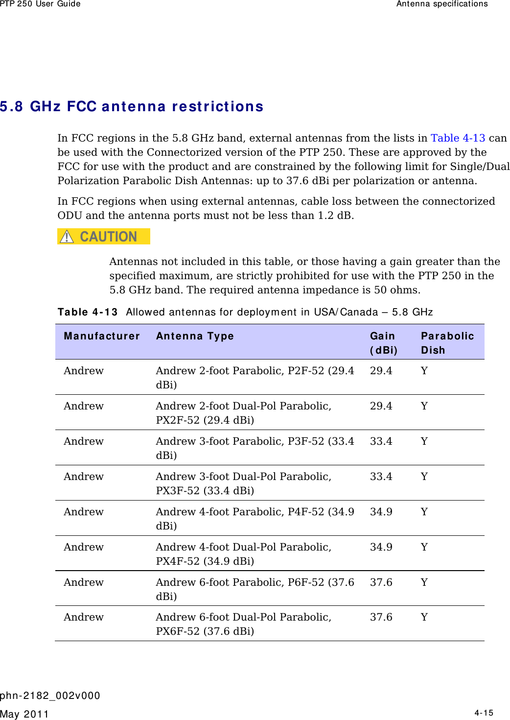 PTP 250 User Guide  Ant enna specificat ions   phn- 2182_002v000   May 2011   4-15   5 .8  GHz FCC ant enna restrictions In FCC regions in the 5.8 GHz band, external antennas from the lists in Table 4-13 can be used with the Connectorized version of the PTP 250. These are approved by the FCC for use with the product and are constrained by the following limit for Single/Dual Polarization Parabolic Dish Antennas: up to 37.6 dBi per polarization or antenna. In FCC regions when using external antennas, cable loss between the connectorized ODU and the antenna ports must not be less than 1.2 dB. CAUTION Antennas not included in this table, or those having a gain greater than the specified maximum, are strictly prohibited for use with the PTP 250 in the 5.8 GHz band. The required antenna impedance is 50 ohms. Table  4 - 1 3   Allowed antennas for deploym ent in USA/ Canada – 5.8 GHz Ma nufa ct ur er   Ant e nna Type  Ga in ( dBi)  Par abolic Dish Andrew  Andrew 2-foot Parabolic, P2F-52 (29.4 dBi) 29.4 Y Andrew Andrew 2-foot Dual-Pol Parabolic, PX2F-52 (29.4 dBi) 29.4 Y Andrew  Andrew 3-foot Parabolic, P3F-52 (33.4 dBi) 33.4 Y Andrew Andrew 3-foot Dual-Pol Parabolic, PX3F-52 (33.4 dBi) 33.4 Y Andrew  Andrew 4-foot Parabolic, P4F-52 (34.9 dBi) 34.9 Y Andrew Andrew 4-foot Dual-Pol Parabolic, PX4F-52 (34.9 dBi) 34.9 Y Andrew  Andrew 6-foot Parabolic, P6F-52 (37.6 dBi) 37.6 Y Andrew Andrew 6-foot Dual-Pol Parabolic, PX6F-52 (37.6 dBi) 37.6 Y 