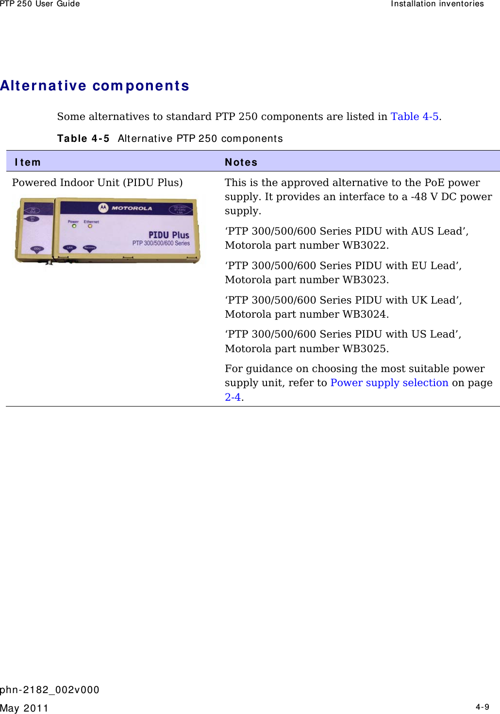 PTP 250 User Guide  I nst allation invent ories   phn- 2182_002v000   May 2011   4-9  Alt erna t ive  com ponent s Some alternatives to standard PTP 250 components are listed in Table 4-5. Table  4 - 5   Alt ernat ive PTP 250 com ponent s I te m   N ot es Powered Indoor Unit (PIDU Plus)  This is the approved alternative to the PoE power supply. It provides an interface to a -48 V DC power supply. ‘PTP 300/500/600 Series PIDU with AUS Lead’,  Motorola part number WB3022. ‘PTP 300/500/600 Series PIDU with EU Lead’,  Motorola part number WB3023. ‘PTP 300/500/600 Series PIDU with UK Lead’,  Motorola part number WB3024. ‘PTP 300/500/600 Series PIDU with US Lead’,  Motorola part number WB3025. For guidance on choosing the most suitable power supply unit, refer to Power supply selection on page 2-4.     