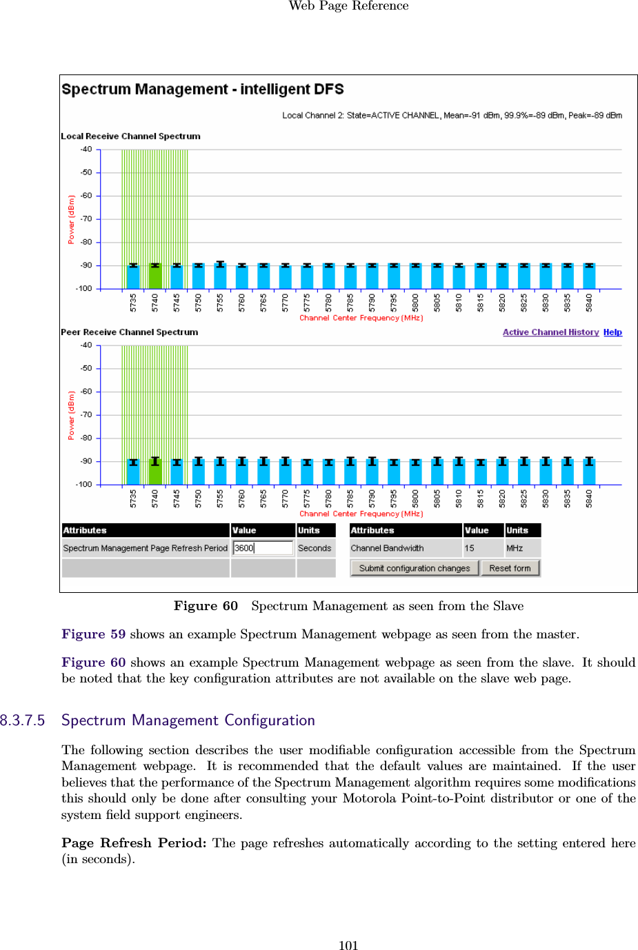 Web Page Reference101Figure 60 Spectrum Management as seen from the SlaveFigure 59 shows an example Spectrum Management webpage as seen from the master.Figure 60 shows an example Spectrum Management webpage as seen from the slave. It shouldbe noted that the key conﬁguration attributes are not available on the slave web page.8.3.7.5 Spectrum Management ConﬁgurationThe following section describes the user modiﬁable conﬁguration accessible from the SpectrumManagement webpage. It is recommended that the default values are maintained. If the userbelieves that the performance of the Spectrum Management algorithm requires some modiﬁcationsthis should only be done after consulting your Motorola Point-to-Point distributor or one of thesystem ﬁeld support engineers.Page Refresh Period: The page refreshes automatically according to the setting entered here(in seconds).
