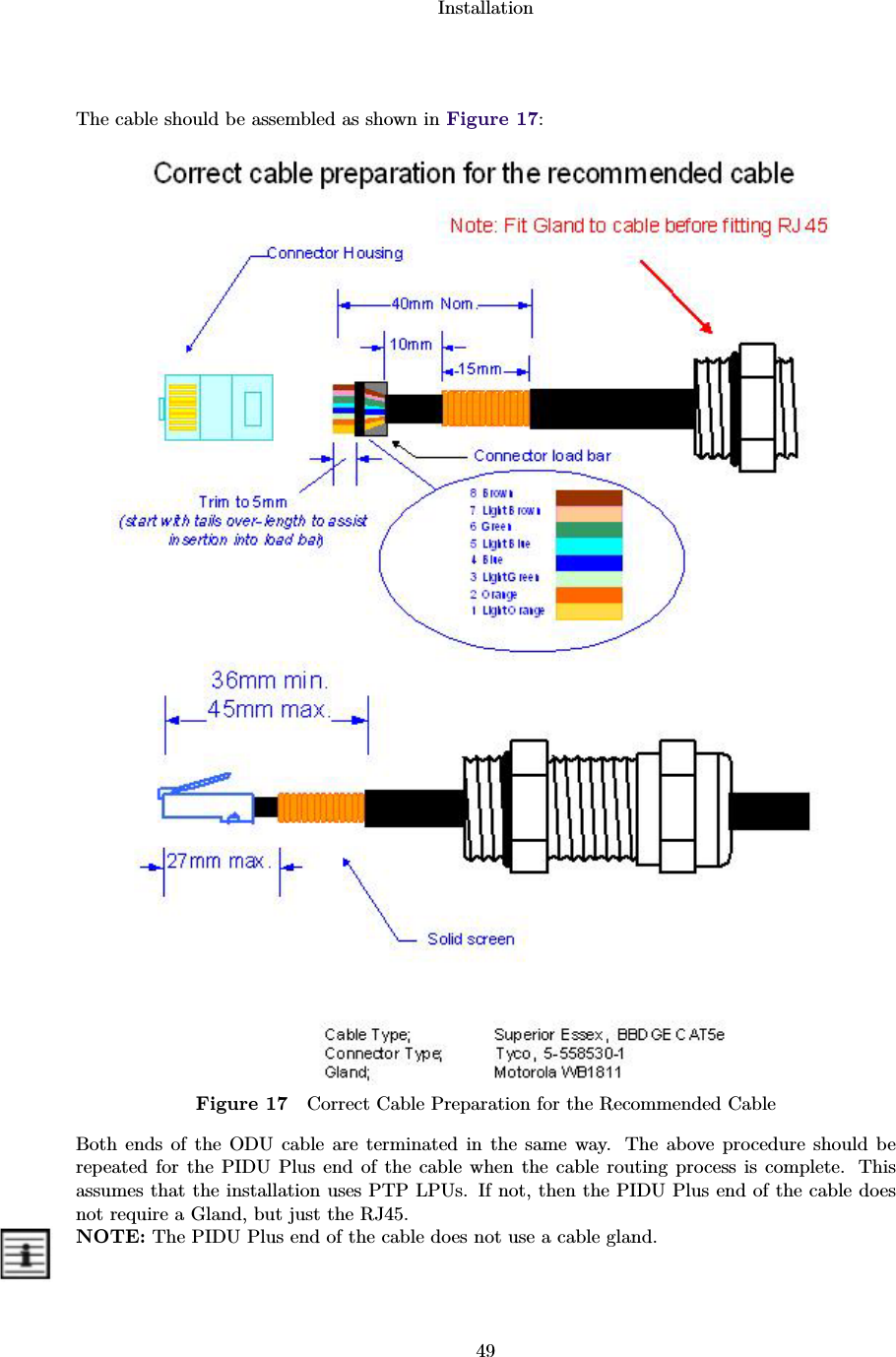 Installation49The cable should be assembled as shown in Figure 17:Figure 17 Correct Cable Preparation for the Recommended CableBoth ends of the ODU cable are terminated in the same way. The above procedure should berepeated for the PIDU Plus end of the cable when the cable routing process is complete. Thisassumes that the installation uses PTP LPUs. If not, then the PIDU Plus end of the cable doesnot require a Gland, but just the RJ45.NOTE: The PIDU Plus end of the cable does not use a cable gland.