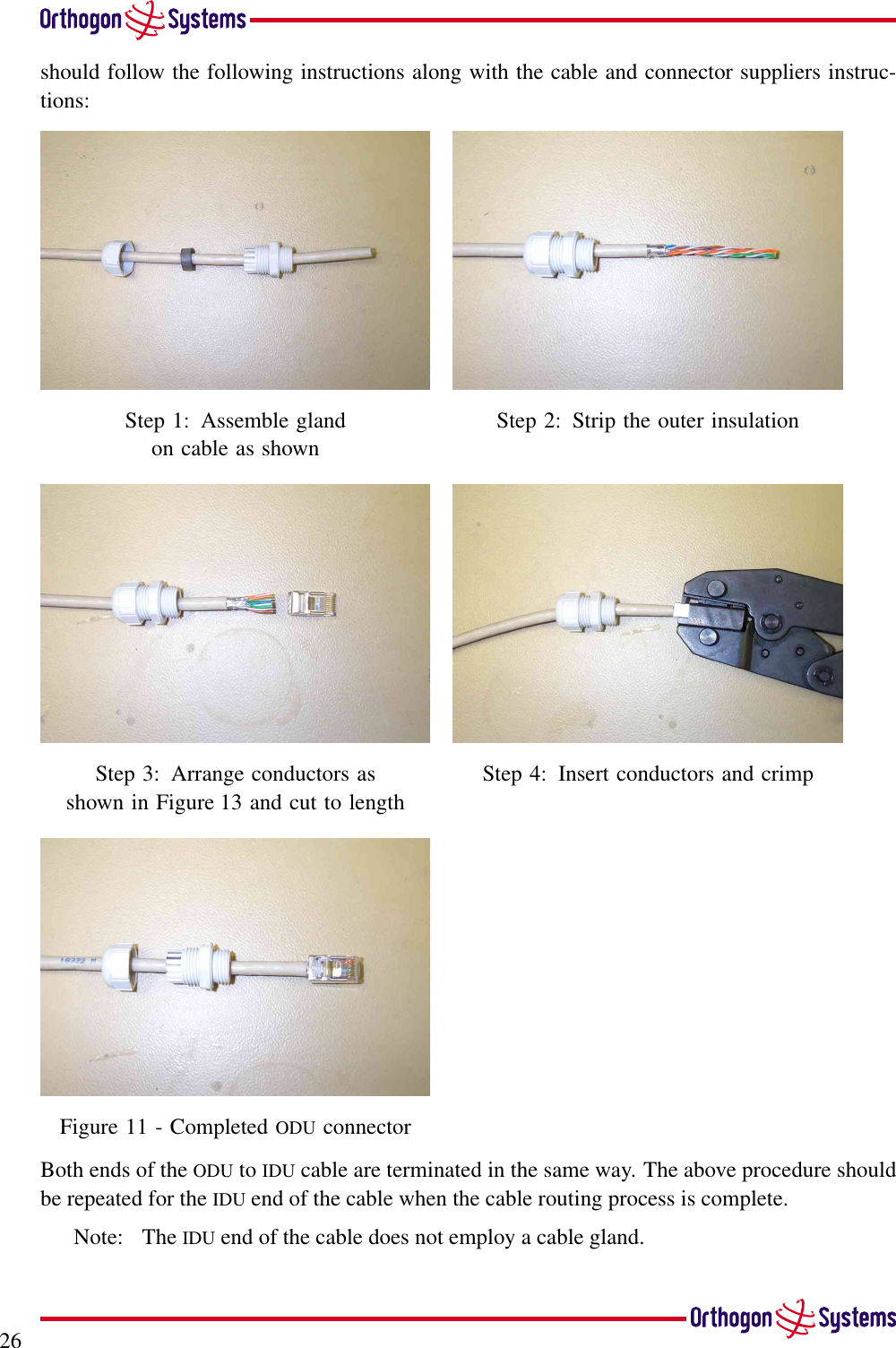 26should follow the following instructions along with the cable and connector suppliers instruc-tions:Step 1: Assemble glandon cable as shownStep 2: Strip the outer insulationStep 3: Arrange conductors asshown in Figure 13 and cut to lengthStep 4: Insert conductors and crimpFigure 11 - Completed ODU connectorBoth ends of the ODU to IDU cable are terminated in the same way. The above procedure shouldbe repeated for the IDU end of the cable when the cable routing process is complete.Note: The IDU end of the cable does not employ a cable gland.