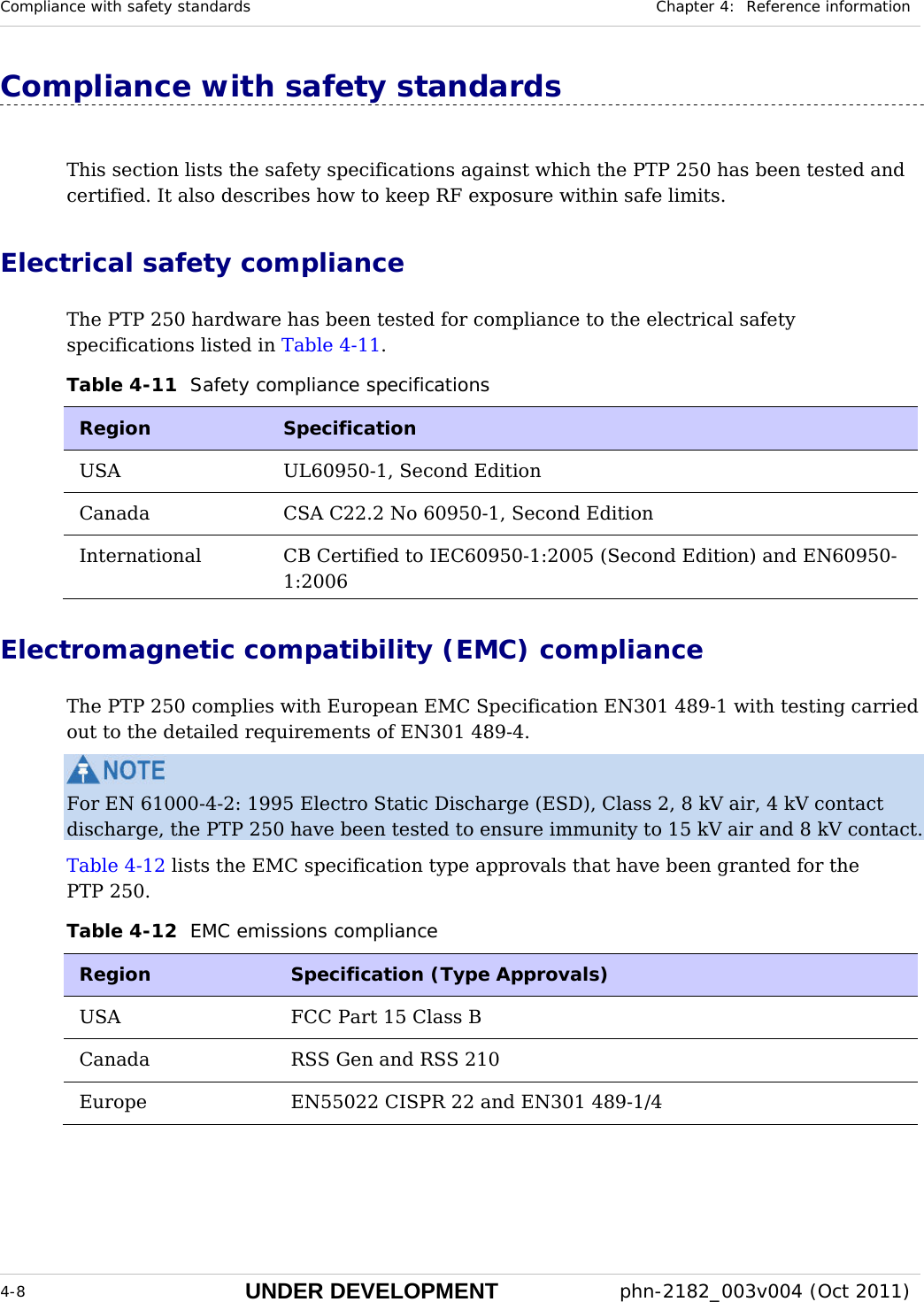 Compliance with safety standards  Chapter 4:  Reference information  4-8 UNDER DEVELOPMENT  phn-2182_003v004 (Oct 2011)  Compliance with safety standards This section lists the safety specifications against which the PTP 250 has been tested and certified. It also describes how to keep RF exposure within safe limits. Electrical safety compliance  The PTP 250 hardware has been tested for compliance to the electrical safety specifications listed in Table 4-11. Table 4-11  Safety compliance specifications Region  Specification USA  UL60950-1, Second Edition Canada  CSA C22.2 No 60950-1, Second Edition International  CB Certified to IEC60950-1:2005 (Second Edition) and EN60950-1:2006 Electromagnetic compatibility (EMC) compliance  The PTP 250 complies with European EMC Specification EN301 489-1 with testing carried out to the detailed requirements of EN301 489-4.  For EN 61000-4-2: 1995 Electro Static Discharge (ESD), Class 2, 8 kV air, 4 kV contact discharge, the PTP 250 have been tested to ensure immunity to 15 kV air and 8 kV contact. Table 4-12 lists the EMC specification type approvals that have been granted for the PTP 250. Table 4-12  EMC emissions compliance Region  Specification (Type Approvals) USA  FCC Part 15 Class B Canada  RSS Gen and RSS 210 Europe  EN55022 CISPR 22 and EN301 489-1/4  
