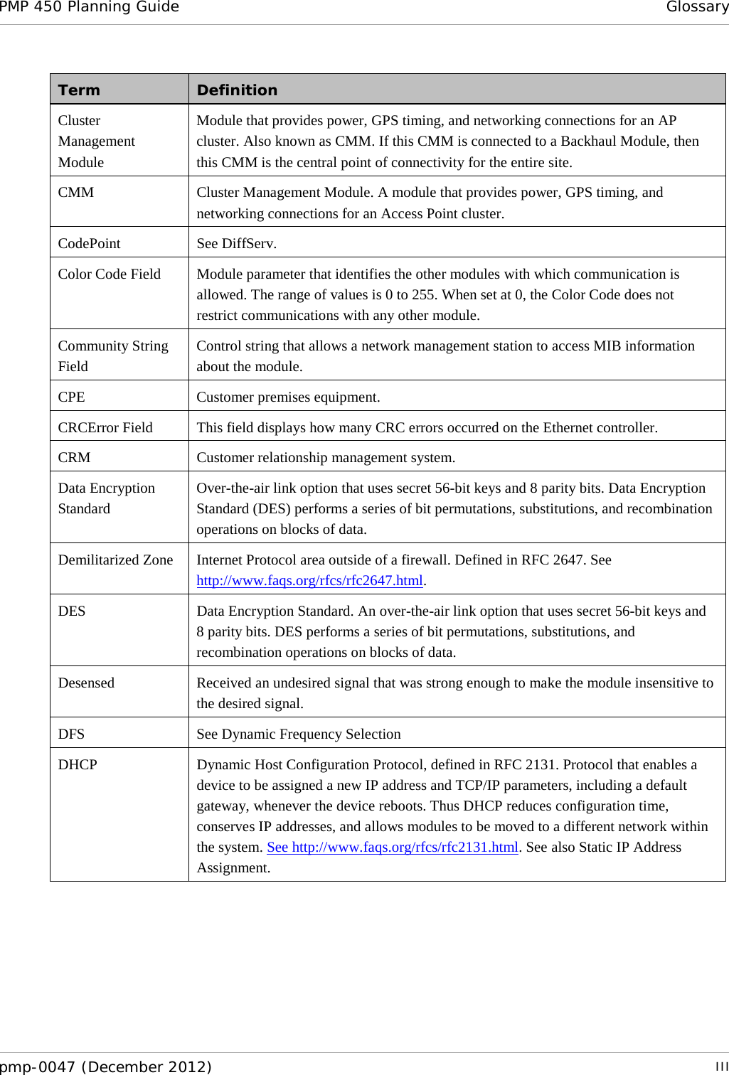 PMP 450 Planning Guide Glossary  pmp-0047 (December 2012)  III  Term Definition Cluster Management Module Module that provides power, GPS timing, and networking connections for an AP cluster. Also known as CMM. If this CMM is connected to a Backhaul Module, then this CMM is the central point of connectivity for the entire site. CMM Cluster Management Module. A module that provides power, GPS timing, and networking connections for an Access Point cluster. CodePoint See DiffServ. Color Code Field Module parameter that identifies the other modules with which communication is allowed. The range of values is 0 to 255. When set at 0, the Color Code does not restrict communications with any other module. Community String Field Control string that allows a network management station to access MIB information about the module. CPE Customer premises equipment. CRCError Field This field displays how many CRC errors occurred on the Ethernet controller. CRM Customer relationship management system. Data Encryption Standard Over-the-air link option that uses secret 56-bit keys and 8 parity bits. Data Encryption Standard (DES) performs a series of bit permutations, substitutions, and recombination operations on blocks of data. Demilitarized Zone Internet Protocol area outside of a firewall. Defined in RFC 2647. See http://www.faqs.org/rfcs/rfc2647.html. DES  Data Encryption Standard. An over-the-air link option that uses secret 56-bit keys and 8 parity bits. DES performs a series of bit permutations, substitutions, and recombination operations on blocks of data. Desensed Received an undesired signal that was strong enough to make the module insensitive to the desired signal. DFS See Dynamic Frequency Selection DHCP Dynamic Host Configuration Protocol, defined in RFC 2131. Protocol that enables a device to be assigned a new IP address and TCP/IP parameters, including a default gateway, whenever the device reboots. Thus DHCP reduces configuration time, conserves IP addresses, and allows modules to be moved to a different network within the system. See http://www.faqs.org/rfcs/rfc2131.html. See also Static IP Address Assignment. 