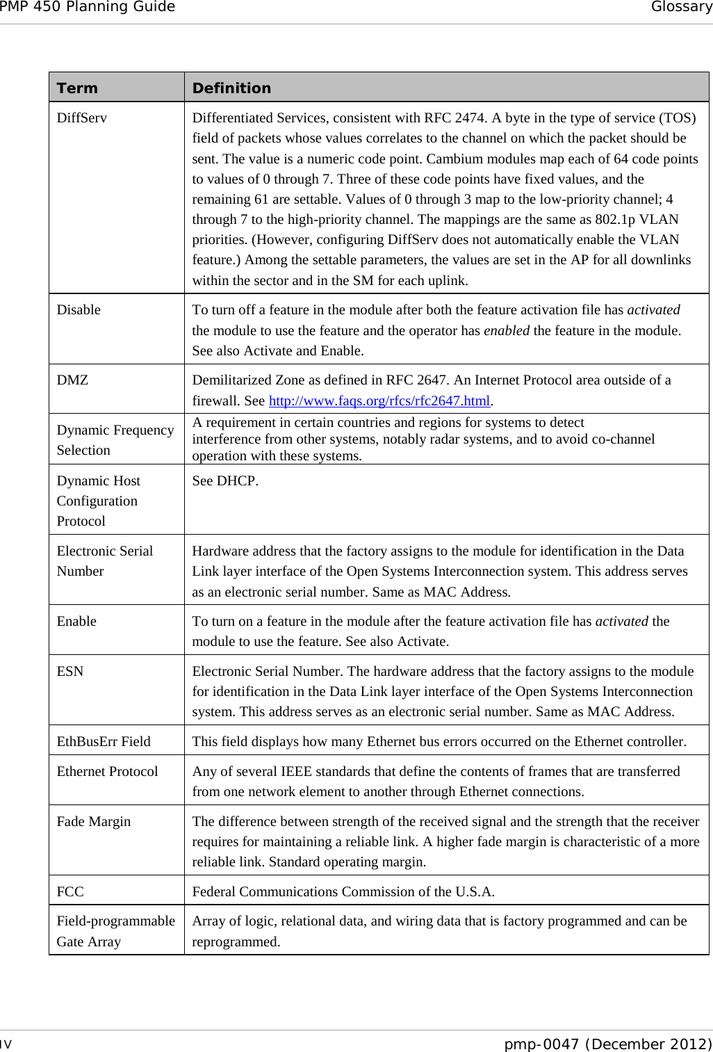 PMP 450 Planning Guide Glossary  IV  pmp-0047 (December 2012)  Term Definition DiffServ Differentiated Services, consistent with RFC 2474. A byte in the type of service (TOS) field of packets whose values correlates to the channel on which the packet should be sent. The value is a numeric code point. Cambium modules map each of 64 code points to values of 0 through 7. Three of these code points have fixed values, and the remaining 61 are settable. Values of 0 through 3 map to the low-priority channel; 4 through 7 to the high-priority channel. The mappings are the same as 802.1p VLAN priorities. (However, configuring DiffServ does not automatically enable the VLAN feature.) Among the settable parameters, the values are set in the AP for all downlinks within the sector and in the SM for each uplink. Disable To turn off a feature in the module after both the feature activation file has activated the module to use the feature and the operator has enabled the feature in the module. See also Activate and Enable. DMZ Demilitarized Zone as defined in RFC 2647. An Internet Protocol area outside of a firewall. See http://www.faqs.org/rfcs/rfc2647.html. Dynamic Frequency Selection A requirement in certain countries and regions for systems to detect interference from other systems, notably radar systems, and to avoid co-channel operation with these systems. Dynamic Host Configuration Protocol See DHCP.  Electronic Serial Number Hardware address that the factory assigns to the module for identification in the Data Link layer interface of the Open Systems Interconnection system. This address serves as an electronic serial number. Same as MAC Address. Enable To turn on a feature in the module after the feature activation file has activated the module to use the feature. See also Activate. ESN Electronic Serial Number. The hardware address that the factory assigns to the module for identification in the Data Link layer interface of the Open Systems Interconnection system. This address serves as an electronic serial number. Same as MAC Address. EthBusErr Field This field displays how many Ethernet bus errors occurred on the Ethernet controller. Ethernet Protocol Any of several IEEE standards that define the contents of frames that are transferred from one network element to another through Ethernet connections. Fade Margin The difference between strength of the received signal and the strength that the receiver requires for maintaining a reliable link. A higher fade margin is characteristic of a more reliable link. Standard operating margin. FCC Federal Communications Commission of the U.S.A. Field-programmable Gate Array Array of logic, relational data, and wiring data that is factory programmed and can be reprogrammed. 