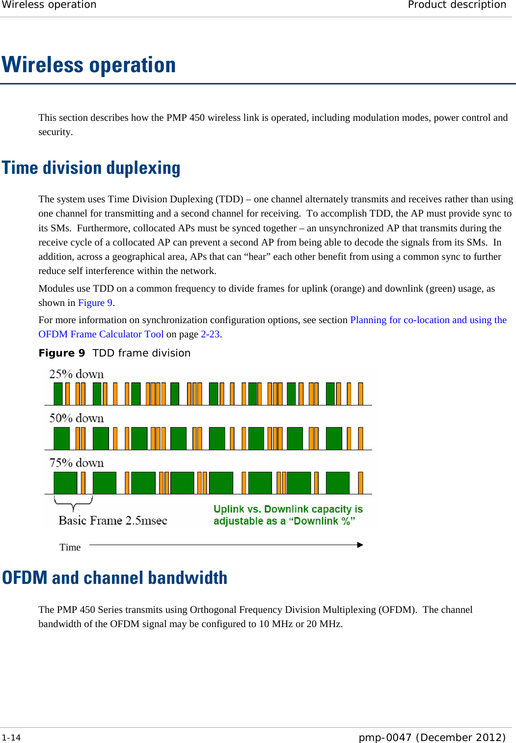 Wireless operation Product description  1-14  pmp-0047 (December 2012)  Wireless operation This section describes how the PMP 450 wireless link is operated, including modulation modes, power control and security. Time division duplexing The system uses Time Division Duplexing (TDD) – one channel alternately transmits and receives rather than using one channel for transmitting and a second channel for receiving.  To accomplish TDD, the AP must provide sync to its SMs.  Furthermore, collocated APs must be synced together – an unsynchronized AP that transmits during the receive cycle of a collocated AP can prevent a second AP from being able to decode the signals from its SMs.  In addition, across a geographical area, APs that can “hear” each other benefit from using a common sync to further reduce self interference within the network. Modules use TDD on a common frequency to divide frames for uplink (orange) and downlink (green) usage, as shown in Figure 9. For more information on synchronization configuration options, see section Planning for co-location and using the OFDM Frame Calculator Tool on page 2-23. Figure 9  TDD frame division   OFDM and channel bandwidth The PMP 450 Series transmits using Orthogonal Frequency Division Multiplexing (OFDM).  The channel bandwidth of the OFDM signal may be configured to 10 MHz or 20 MHz.    Time 