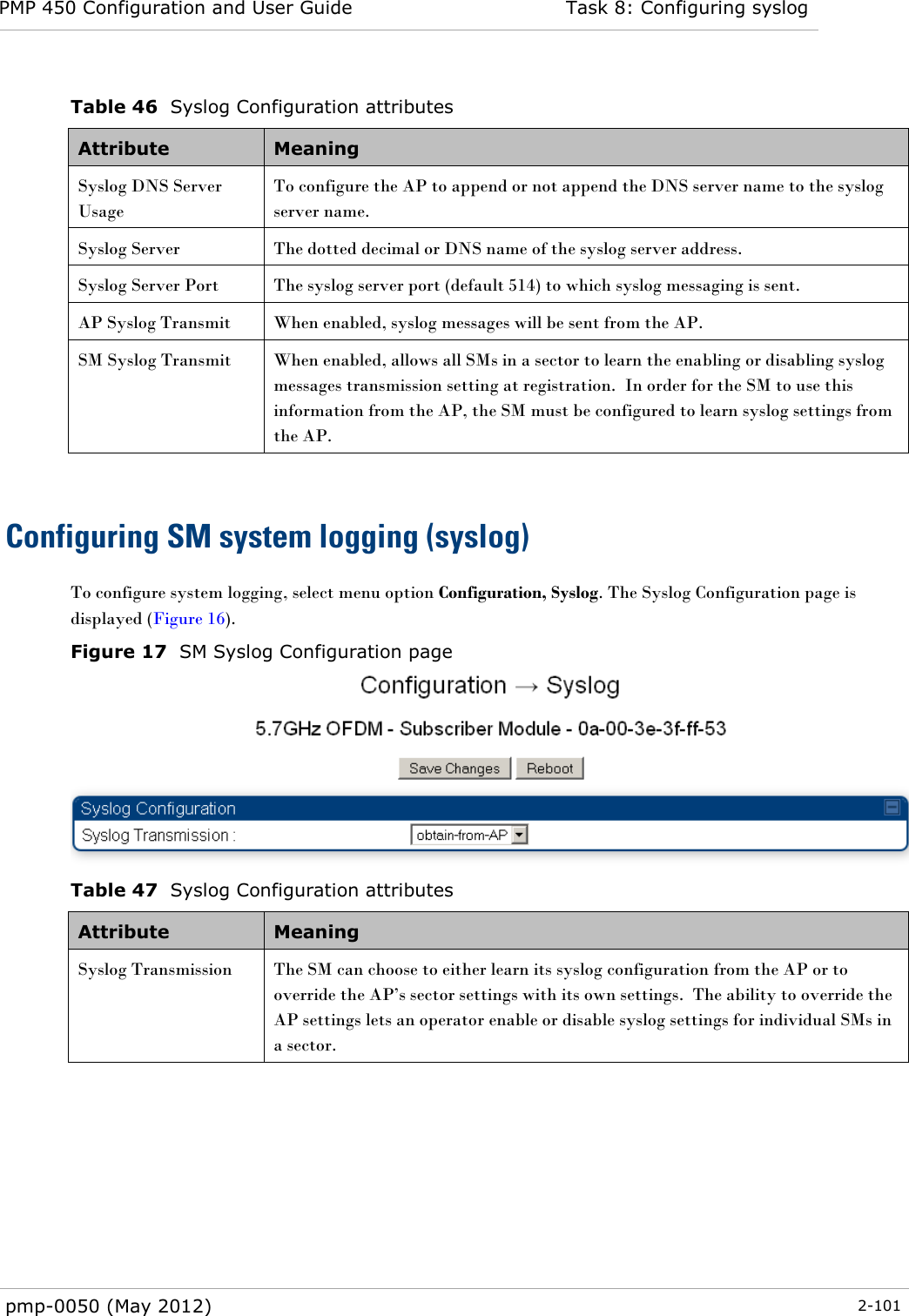 PMP 450 Configuration and User Guide Task 8: Configuring syslog  pmp-0050 (May 2012)  2-101  Table 46  Syslog Configuration attributes Attribute Meaning Syslog DNS Server Usage To configure the AP to append or not append the DNS server name to the syslog server name. Syslog Server The dotted decimal or DNS name of the syslog server address. Syslog Server Port The syslog server port (default 514) to which syslog messaging is sent. AP Syslog Transmit When enabled, syslog messages will be sent from the AP. SM Syslog Transmit When enabled, allows all SMs in a sector to learn the enabling or disabling syslog messages transmission setting at registration.  In order for the SM to use this information from the AP, the SM must be configured to learn syslog settings from the AP.  Configuring SM system logging (syslog) To configure system logging, select menu option Configuration, Syslog. The Syslog Configuration page is displayed (Figure 16).  Figure 17  SM Syslog Configuration page  Table 47  Syslog Configuration attributes Attribute Meaning Syslog Transmission The SM can choose to either learn its syslog configuration from the AP or to override the AP‘s sector settings with its own settings.  The ability to override the AP settings lets an operator enable or disable syslog settings for individual SMs in a sector.    