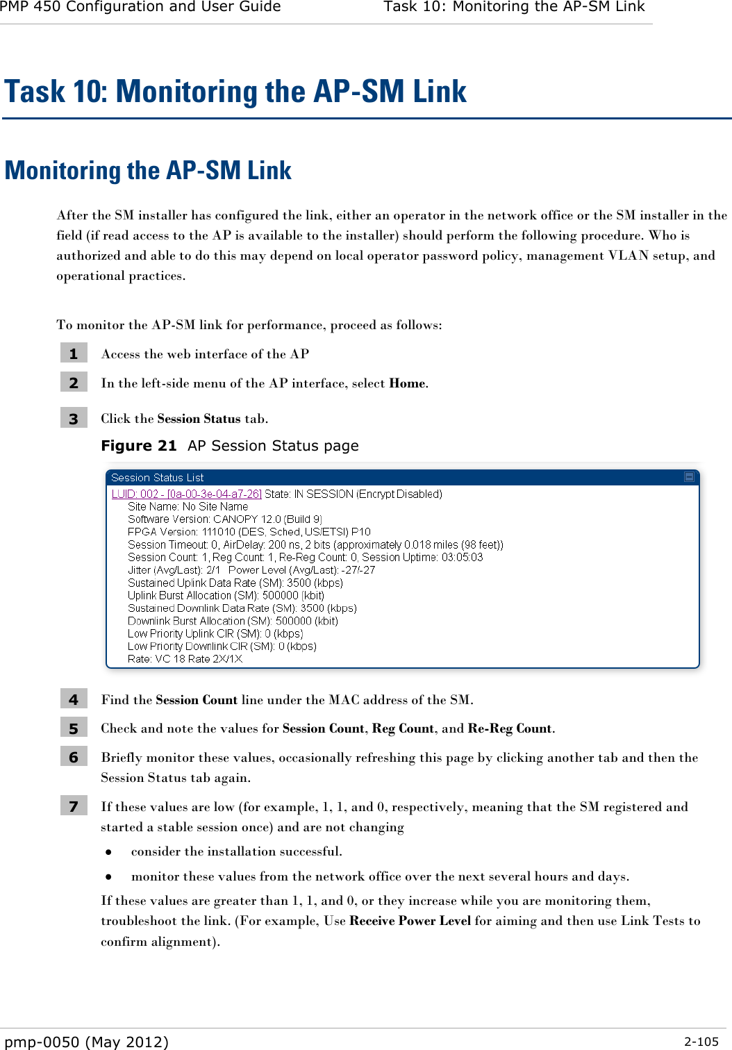 PMP 450 Configuration and User Guide Task 10: Monitoring the AP-SM Link  pmp-0050 (May 2012)  2-105  Task 10: Monitoring the AP-SM Link Monitoring the AP-SM Link After the SM installer has configured the link, either an operator in the network office or the SM installer in the field (if read access to the AP is available to the installer) should perform the following procedure. Who is authorized and able to do this may depend on local operator password policy, management VLAN setup, and operational practices.  To monitor the AP-SM link for performance, proceed as follows: 1 Access the web interface of the AP 2 In the left-side menu of the AP interface, select Home. 3 Click the Session Status tab.   Figure 21  AP Session Status page  4 Find the Session Count line under the MAC address of the SM. 5 Check and note the values for Session Count, Reg Count, and Re-Reg Count.  6 Briefly monitor these values, occasionally refreshing this page by clicking another tab and then the Session Status tab again. 7 If these values are low (for example, 1, 1, and 0, respectively, meaning that the SM registered and started a stable session once) and are not changing  consider the installation successful.  monitor these values from the network office over the next several hours and days. If these values are greater than 1, 1, and 0, or they increase while you are monitoring them, troubleshoot the link. (For example, Use Receive Power Level for aiming and then use Link Tests to confirm alignment).  