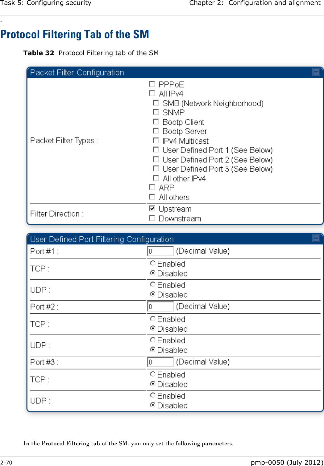 Task 5: Configuring security Chapter 2:  Configuration and alignment - 2-70  pmp-0050 (July 2012)  Protocol Filtering Tab of the SM Table 32  Protocol Filtering tab of the SM   In the Protocol Filtering tab of the SM, you may set the following parameters. 