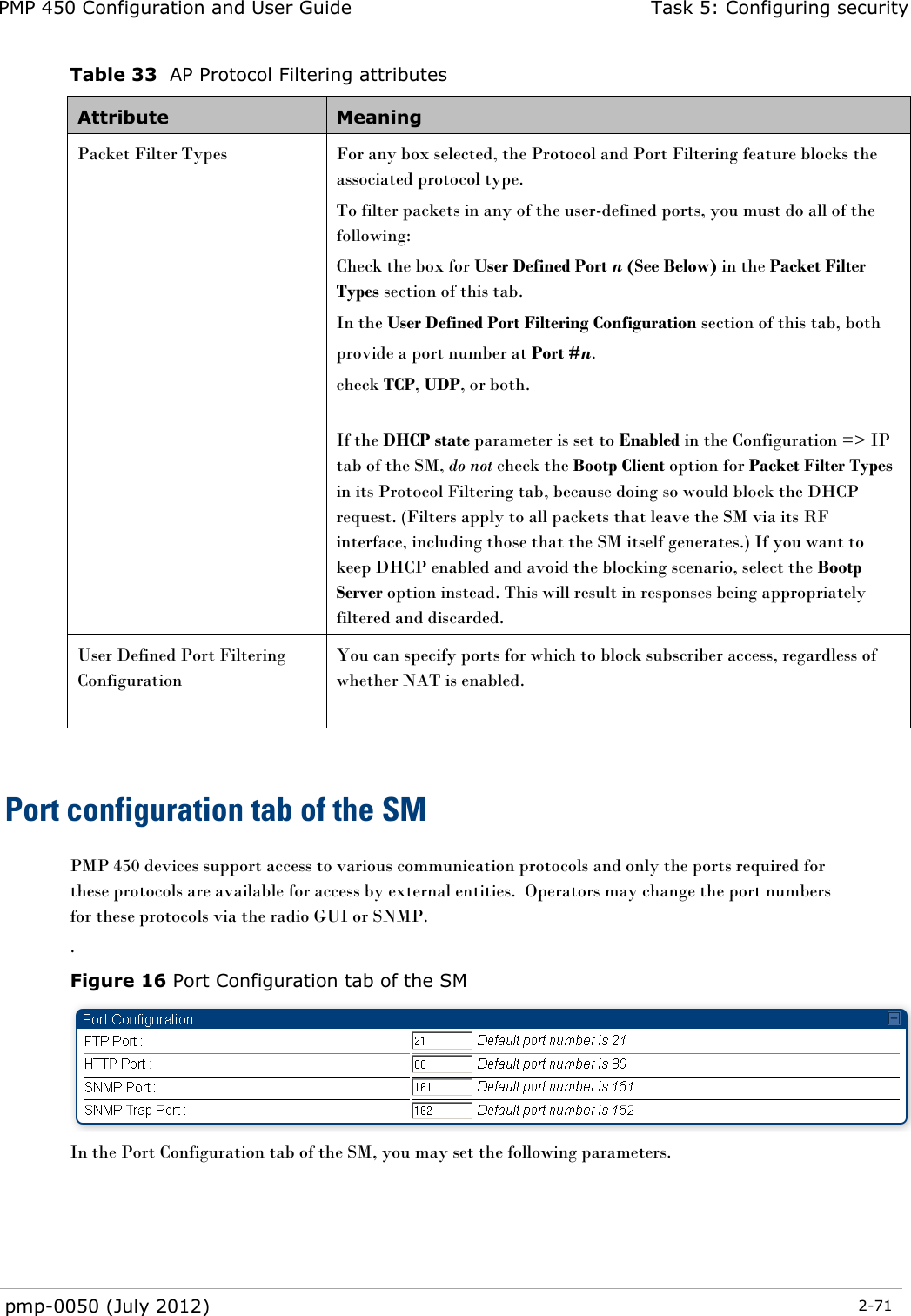 PMP 450 Configuration and User Guide Task 5: Configuring security  pmp-0050 (July 2012)  2-71  Table 33  AP Protocol Filtering attributes Attribute Meaning Packet Filter Types  For any box selected, the Protocol and Port Filtering feature blocks the associated protocol type.  To filter packets in any of the user-defined ports, you must do all of the following: Check the box for User Defined Port n (See Below) in the Packet Filter Types section of this tab. In the User Defined Port Filtering Configuration section of this tab, both provide a port number at Port #n. check TCP, UDP, or both.  If the DHCP state parameter is set to Enabled in the Configuration =&gt; IP tab of the SM, do not check the Bootp Client option for Packet Filter Types in its Protocol Filtering tab, because doing so would block the DHCP request. (Filters apply to all packets that leave the SM via its RF interface, including those that the SM itself generates.) If you want to keep DHCP enabled and avoid the blocking scenario, select the Bootp Server option instead. This will result in responses being appropriately filtered and discarded. User Defined Port Filtering Configuration  You can specify ports for which to block subscriber access, regardless of whether NAT is enabled.    Port configuration tab of the SM PMP 450 devices support access to various communication protocols and only the ports required for these protocols are available for access by external entities.  Operators may change the port numbers for these protocols via the radio GUI or SNMP. . Figure 16 Port Configuration tab of the SM  In the Port Configuration tab of the SM, you may set the following parameters. 