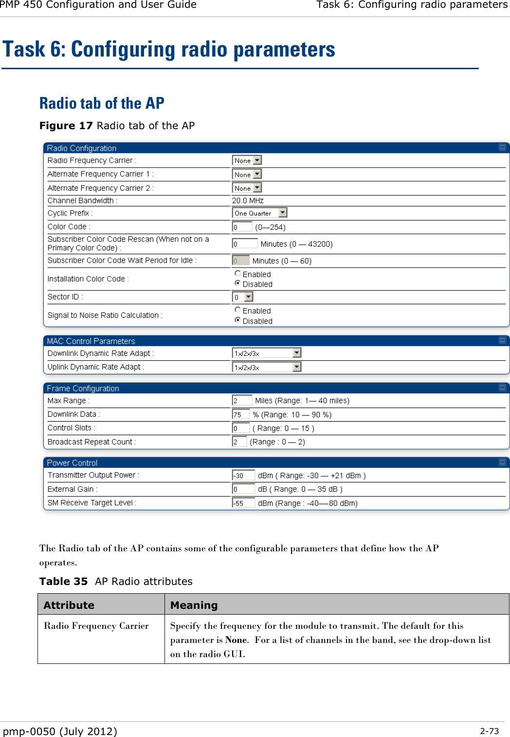 PMP 450 Configuration and User Guide Task 6: Configuring radio parameters  pmp-0050 (July 2012)  2-73  Task 6: Configuring radio parameters Radio tab of the AP Figure 17 Radio tab of the AP   The Radio tab of the AP contains some of the configurable parameters that define how the AP operates.  Table 35  AP Radio attributes Attribute Meaning Radio Frequency Carrier Specify the frequency for the module to transmit. The default for this parameter is None.  For a list of channels in the band, see the drop-down list on the radio GUI. 