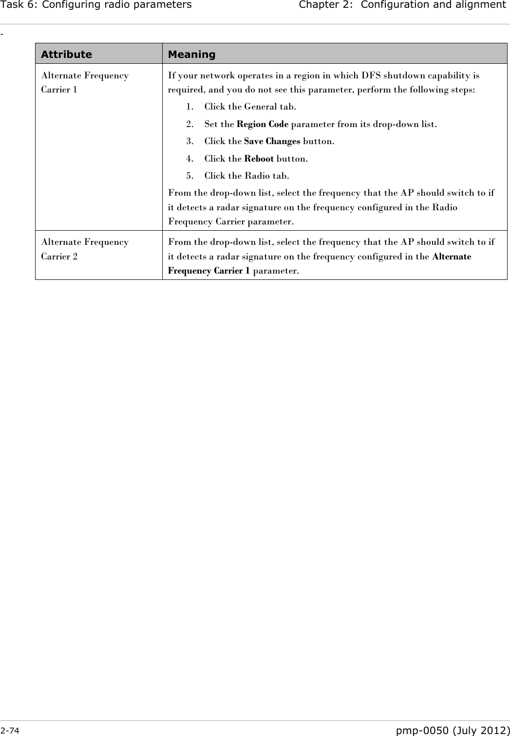 Task 6: Configuring radio parameters Chapter 2:  Configuration and alignment - 2-74  pmp-0050 (July 2012)  Attribute Meaning Alternate Frequency Carrier 1  If your network operates in a region in which DFS shutdown capability is required, and you do not see this parameter, perform the following steps: 1. Click the General tab. 2. Set the Region Code parameter from its drop-down list. 3. Click the Save Changes button. 4. Click the Reboot button. 5. Click the Radio tab. From the drop-down list, select the frequency that the AP should switch to if it detects a radar signature on the frequency configured in the Radio Frequency Carrier parameter.  Alternate Frequency Carrier 2 From the drop-down list, select the frequency that the AP should switch to if it detects a radar signature on the frequency configured in the Alternate Frequency Carrier 1 parameter.  