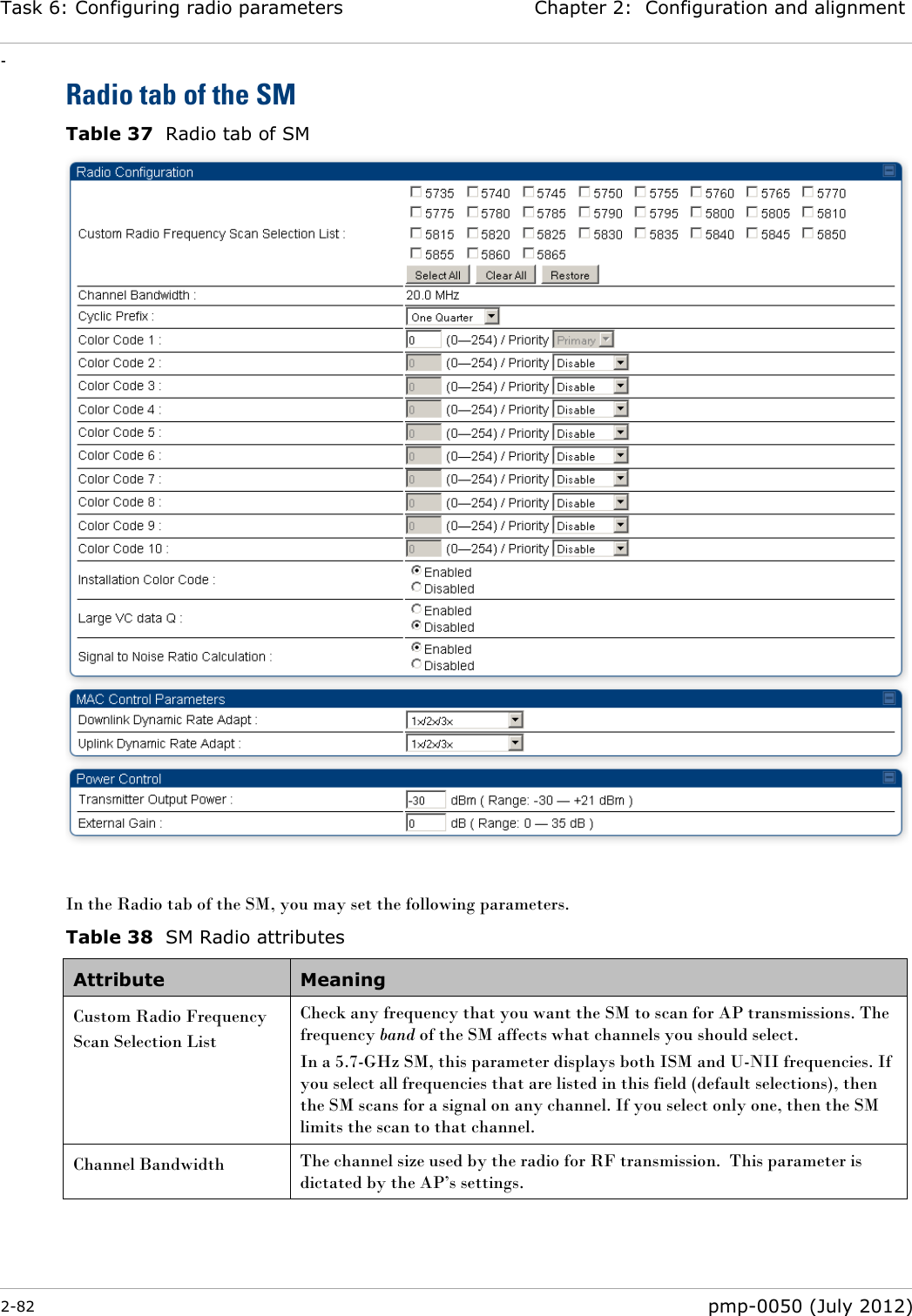 Task 6: Configuring radio parameters Chapter 2:  Configuration and alignment - 2-82  pmp-0050 (July 2012)  Radio tab of the SM Table 37  Radio tab of SM   In the Radio tab of the SM, you may set the following parameters. Table 38  SM Radio attributes Attribute Meaning Custom Radio Frequency Scan Selection List Check any frequency that you want the SM to scan for AP transmissions. The frequency band of the SM affects what channels you should select. In a 5.7-GHz SM, this parameter displays both ISM and U-NII frequencies. If you select all frequencies that are listed in this field (default selections), then the SM scans for a signal on any channel. If you select only one, then the SM limits the scan to that channel.  Channel Bandwidth The channel size used by the radio for RF transmission.  This parameter is dictated by the AP‘s settings. 