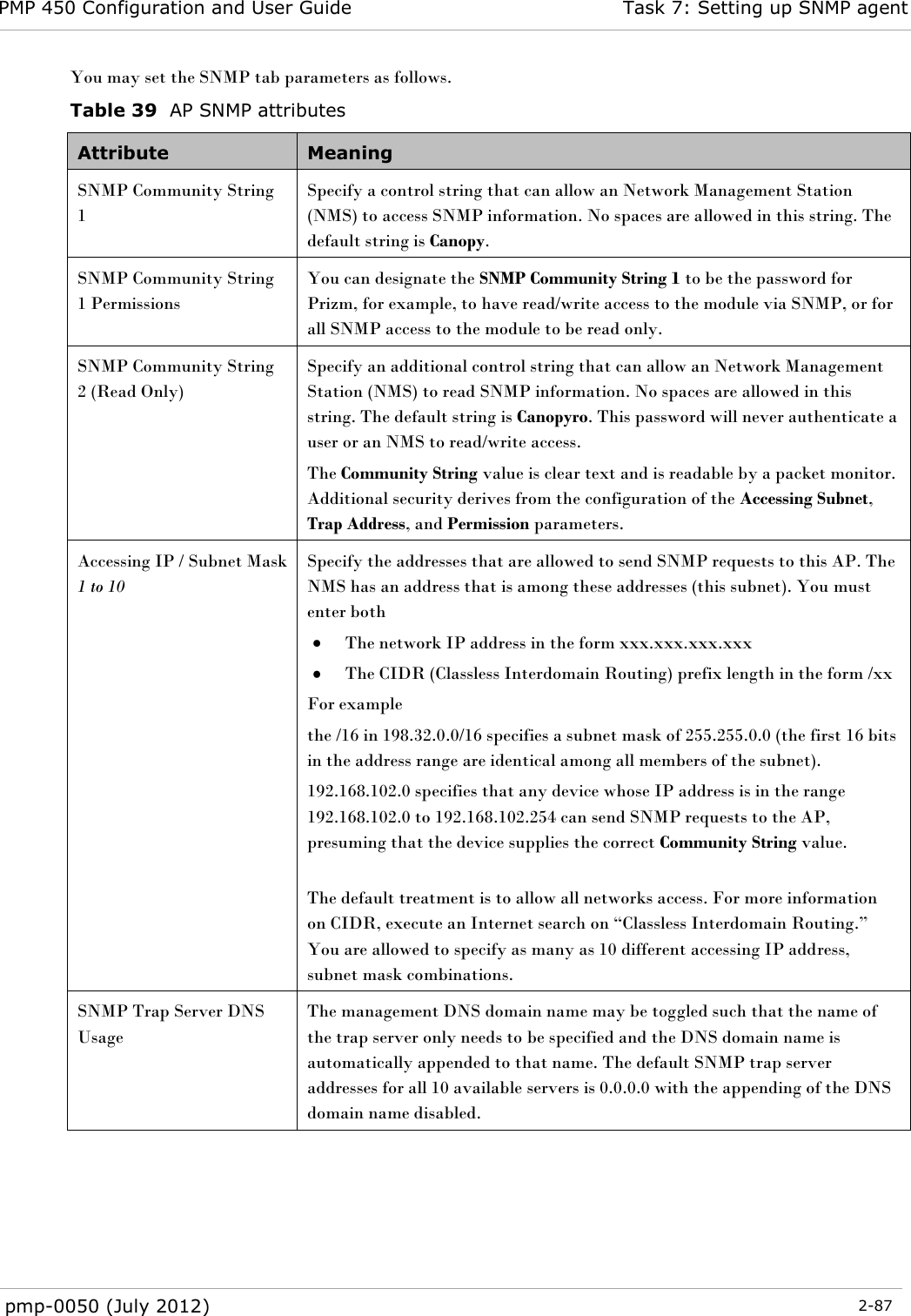 PMP 450 Configuration and User Guide Task 7: Setting up SNMP agent  pmp-0050 (July 2012)  2-87  You may set the SNMP tab parameters as follows. Table 39  AP SNMP attributes Attribute Meaning SNMP Community String 1 Specify a control string that can allow an Network Management Station (NMS) to access SNMP information. No spaces are allowed in this string. The default string is Canopy.  SNMP Community String 1 Permissions You can designate the SNMP Community String 1 to be the password for Prizm, for example, to have read/write access to the module via SNMP, or for all SNMP access to the module to be read only. SNMP Community String 2 (Read Only) Specify an additional control string that can allow an Network Management Station (NMS) to read SNMP information. No spaces are allowed in this string. The default string is Canopyro. This password will never authenticate a user or an NMS to read/write access. The Community String value is clear text and is readable by a packet monitor. Additional security derives from the configuration of the Accessing Subnet, Trap Address, and Permission parameters. Accessing IP / Subnet Mask 1 to 10  Specify the addresses that are allowed to send SNMP requests to this AP. The NMS has an address that is among these addresses (this subnet). You must enter both  The network IP address in the form xxx.xxx.xxx.xxx   The CIDR (Classless Interdomain Routing) prefix length in the form /xx  For example the /16 in 198.32.0.0/16 specifies a subnet mask of 255.255.0.0 (the first 16 bits in the address range are identical among all members of the subnet).  192.168.102.0 specifies that any device whose IP address is in the range 192.168.102.0 to 192.168.102.254 can send SNMP requests to the AP, presuming that the device supplies the correct Community String value.  The default treatment is to allow all networks access. For more information on CIDR, execute an Internet search on ―Classless Interdomain Routing.‖ You are allowed to specify as many as 10 different accessing IP address, subnet mask combinations. SNMP Trap Server DNS Usage The management DNS domain name may be toggled such that the name of the trap server only needs to be specified and the DNS domain name is automatically appended to that name. The default SNMP trap server addresses for all 10 available servers is 0.0.0.0 with the appending of the DNS domain name disabled. 