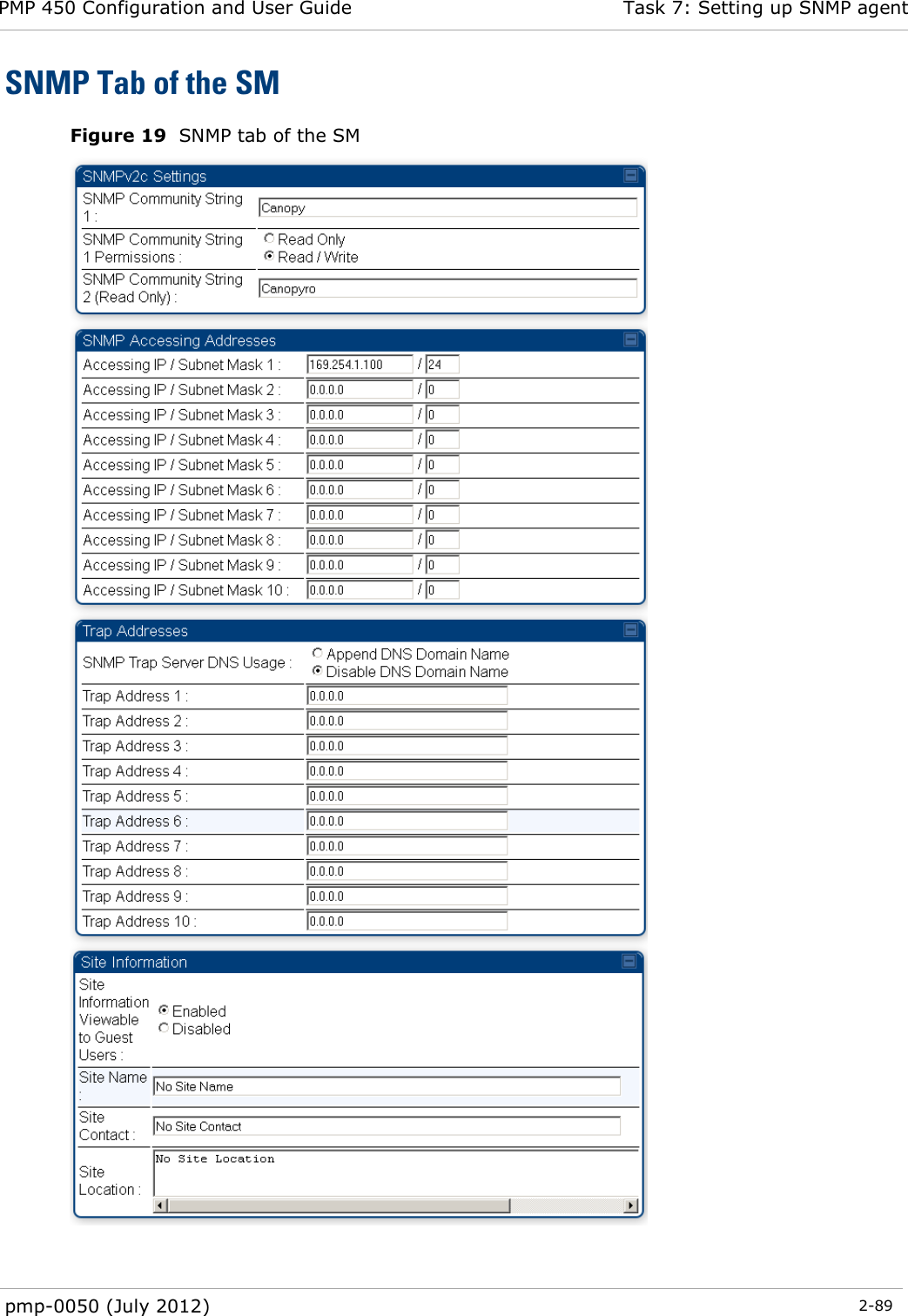 PMP 450 Configuration and User Guide Task 7: Setting up SNMP agent  pmp-0050 (July 2012)  2-89  SNMP Tab of the SM Figure 19  SNMP tab of the SM  