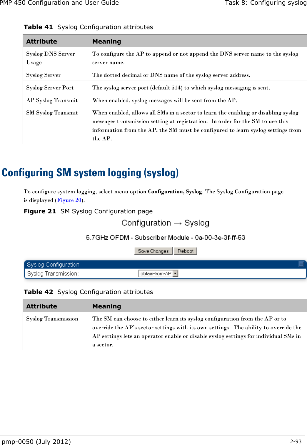 PMP 450 Configuration and User Guide Task 8: Configuring syslog  pmp-0050 (July 2012)  2-93  Table 41  Syslog Configuration attributes Attribute Meaning Syslog DNS Server Usage To configure the AP to append or not append the DNS server name to the syslog server name. Syslog Server The dotted decimal or DNS name of the syslog server address. Syslog Server Port The syslog server port (default 514) to which syslog messaging is sent. AP Syslog Transmit When enabled, syslog messages will be sent from the AP. SM Syslog Transmit When enabled, allows all SMs in a sector to learn the enabling or disabling syslog messages transmission setting at registration.  In order for the SM to use this information from the AP, the SM must be configured to learn syslog settings from the AP.  Configuring SM system logging (syslog) To configure system logging, select menu option Configuration, Syslog. The Syslog Configuration page is displayed (Figure 20).  Figure 21  SM Syslog Configuration page  Table 42  Syslog Configuration attributes Attribute Meaning Syslog Transmission The SM can choose to either learn its syslog configuration from the AP or to override the AP‘s sector settings with its own settings.  The ability to override the AP settings lets an operator enable or disable syslog settings for individual SMs in a sector.    