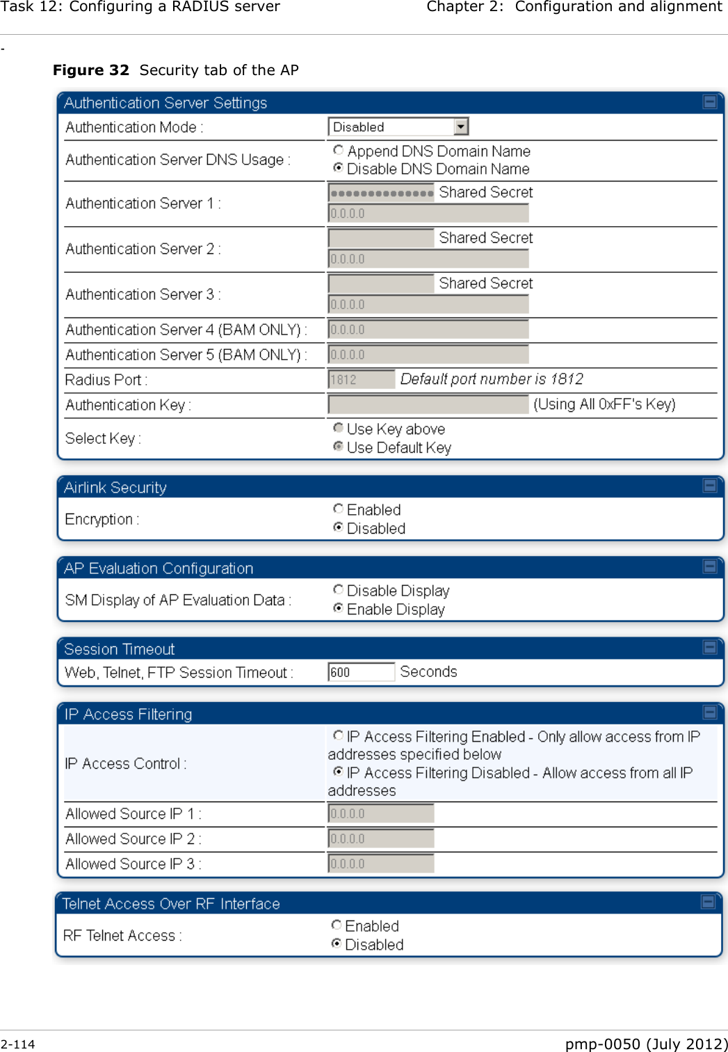 Task 12: Configuring a RADIUS server Chapter 2:  Configuration and alignment - 2-114  pmp-0050 (July 2012)  Figure 32  Security tab of the AP   