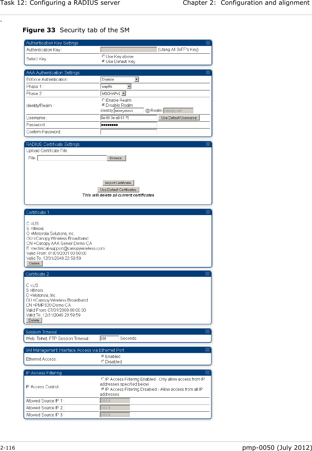 Task 12: Configuring a RADIUS server Chapter 2:  Configuration and alignment - 2-116  pmp-0050 (July 2012)  Figure 33  Security tab of the SM   