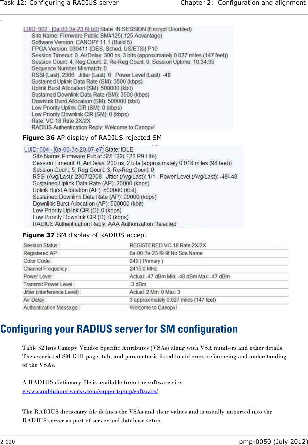 Task 12: Configuring a RADIUS server Chapter 2:  Configuration and alignment - 2-120  pmp-0050 (July 2012)   Figure 36 AP display of RADIUS rejected SM  Figure 37 SM display of RADIUS accept  Configuring your RADIUS server for SM configuration Table 52 lists Canopy Vendor Specific Attributes (VSAs) along with VSA numbers and other details. The associated SM GUI page, tab, and parameter is listed to aid cross-referencing and understanding of the VSAs.  A RADIUS dictionary file is available from the software site: www.cambiumnetworks.com/support/pmp/software/   The RADIUS dictionary file defines the VSAs and their values and is usually imported into the RADIUS server as part of server and database setup. 