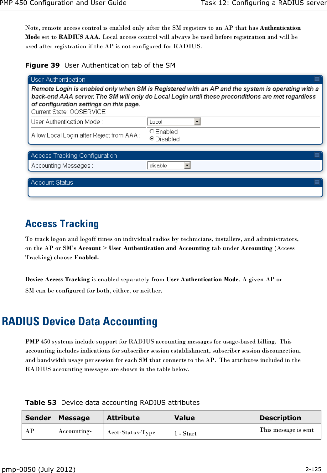 PMP 450 Configuration and User Guide Task 12: Configuring a RADIUS server  pmp-0050 (July 2012)  2-125  Note, remote access control is enabled only after the SM registers to an AP that has Authentication Mode set to RADIUS AAA. Local access control will always be used before registration and will be used after registration if the AP is not configured for RADIUS.  Figure 39  User Authentication tab of the SM   Access Tracking To track logon and logoff times on individual radios by technicians, installers, and administrators, on the AP or SM‘s Account &gt; User Authentication and Accounting tab under Accounting (Access Tracking) choose Enabled.  Device Access Tracking is enabled separately from User Authentication Mode. A given AP or SM can be configured for both, either, or neither.  RADIUS Device Data Accounting PMP 450 systems include support for RADIUS accounting messages for usage-based billing.  This accounting includes indications for subscriber session establishment, subscriber session disconnection, and bandwidth usage per session for each SM that connects to the AP.  The attributes included in the RADIUS accounting messages are shown in the table below.   Table 53  Device data accounting RADIUS attributes Sender Message Attribute Value Description AP Accounting-Acct-Status-Type 1 - Start This message is sent 