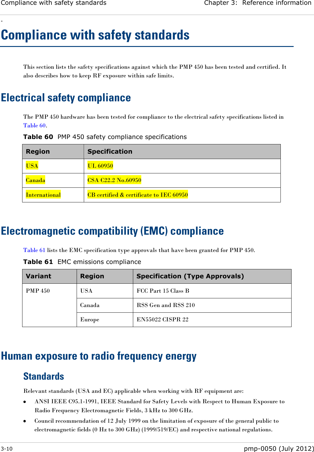 Compliance with safety standards Chapter 3:  Reference information - 3-10  pmp-0050 (July 2012)  Compliance with safety standards This section lists the safety specifications against which the PMP 450 has been tested and certified. It also describes how to keep RF exposure within safe limits. Electrical safety compliance  The PMP 450 hardware has been tested for compliance to the electrical safety specifications listed in Table 60. Table 60  PMP 450 safety compliance specifications Region Specification USA UL 60950 Canada CSA C22.2 No.60950 International CB certified &amp; certificate to IEC 60950  Electromagnetic compatibility (EMC) compliance Table 61 lists the EMC specification type approvals that have been granted for PMP 450. Table 61  EMC emissions compliance Variant Region Specification (Type Approvals) PMP 450 USA FCC Part 15 Class B Canada RSS Gen and RSS 210 Europe EN55022 CISPR 22  Human exposure to radio frequency energy Standards Relevant standards (USA and EC) applicable when working with RF equipment are:  ANSI IEEE C95.1-1991, IEEE Standard for Safety Levels with Respect to Human Exposure to Radio Frequency Electromagnetic Fields, 3 kHz to 300 GHz.  Council recommendation of 12 July 1999 on the limitation of exposure of the general public to electromagnetic fields (0 Hz to 300 GHz) (1999/519/EC) and respective national regulations. 