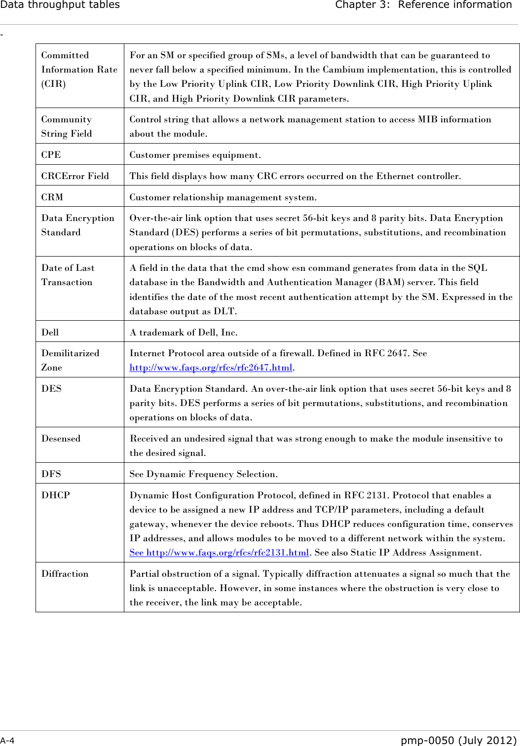 Data throughput tables Chapter 3:  Reference information - A-4  pmp-0050 (July 2012)  Committed Information Rate (CIR) For an SM or specified group of SMs, a level of bandwidth that can be guaranteed to never fall below a specified minimum. In the Cambium implementation, this is controlled by the Low Priority Uplink CIR, Low Priority Downlink CIR, High Priority Uplink CIR, and High Priority Downlink CIR parameters. Community String Field Control string that allows a network management station to access MIB information about the module. CPE Customer premises equipment. CRCError Field This field displays how many CRC errors occurred on the Ethernet controller. CRM Customer relationship management system. Data Encryption Standard Over-the-air link option that uses secret 56-bit keys and 8 parity bits. Data Encryption Standard (DES) performs a series of bit permutations, substitutions, and recombination operations on blocks of data. Date of Last Transaction A field in the data that the cmd show esn command generates from data in the SQL database in the Bandwidth and Authentication Manager (BAM) server. This field identifies the date of the most recent authentication attempt by the SM. Expressed in the database output as DLT. Dell A trademark of Dell, Inc. Demilitarized Zone Internet Protocol area outside of a firewall. Defined in RFC 2647. See http://www.faqs.org/rfcs/rfc2647.html. DES Data Encryption Standard. An over-the-air link option that uses secret 56-bit keys and 8 parity bits. DES performs a series of bit permutations, substitutions, and recombination operations on blocks of data. Desensed Received an undesired signal that was strong enough to make the module insensitive to the desired signal. DFS See Dynamic Frequency Selection. DHCP Dynamic Host Configuration Protocol, defined in RFC 2131. Protocol that enables a device to be assigned a new IP address and TCP/IP parameters, including a default gateway, whenever the device reboots. Thus DHCP reduces configuration time, conserves IP addresses, and allows modules to be moved to a different network within the system. See http://www.faqs.org/rfcs/rfc2131.html. See also Static IP Address Assignment. Diffraction Partial obstruction of a signal. Typically diffraction attenuates a signal so much that the link is unacceptable. However, in some instances where the obstruction is very close to the receiver, the link may be acceptable. 