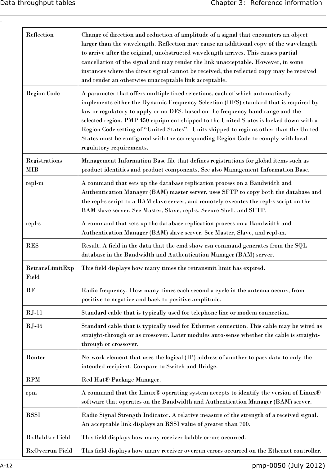 Data throughput tables Chapter 3:  Reference information - A-12  pmp-0050 (July 2012)  Reflection Change of direction and reduction of amplitude of a signal that encounters an object larger than the wavelength. Reflection may cause an additional copy of the wavelength to arrive after the original, unobstructed wavelength arrives. This causes partial cancellation of the signal and may render the link unacceptable. However, in some instances where the direct signal cannot be received, the reflected copy may be received and render an otherwise unacceptable link acceptable. Region Code A parameter that offers multiple fixed selections, each of which automatically implements either the Dynamic Frequency Selection (DFS) standard that is required by law or regulatory to apply or no DFS, based on the frequency band range and the selected region. PMP 450 equipment shipped to the United States is locked down with a Region Code setting of ―United States‖.  Units shipped to regions other than the United States must be configured with the corresponding Region Code to comply with local regulatory requirements. Registrations MIB Management Information Base file that defines registrations for global items such as product identities and product components. See also Management Information Base. repl-m A command that sets up the database replication process on a Bandwidth and Authentication Manager (BAM) master server, uses SFTP to copy both the database and the repl-s script to a BAM slave server, and remotely executes the repl-s script on the BAM slave server. See Master, Slave, repl-s, Secure Shell, and SFTP. repl-s A command that sets up the database replication process on a Bandwidth and Authentication Manager (BAM) slave server. See Master, Slave, and repl-m. RES Result. A field in the data that the cmd show esn command generates from the SQL database in the Bandwidth and Authentication Manager (BAM) server. RetransLimitExp Field This field displays how many times the retransmit limit has expired. RF Radio frequency. How many times each second a cycle in the antenna occurs, from positive to negative and back to positive amplitude. RJ-11 Standard cable that is typically used for telephone line or modem connection. RJ-45 Standard cable that is typically used for Ethernet connection. This cable may be wired as straight-through or as crossover. Later modules auto-sense whether the cable is straight-through or crossover. Router Network element that uses the logical (IP) address of another to pass data to only the intended recipient. Compare to Switch and Bridge. RPM Red Hat® Package Manager. rpm A command that the Linux® operating system accepts to identify the version of Linux® software that operates on the Bandwidth and Authentication Manager (BAM) server. RSSI Radio Signal Strength Indicator. A relative measure of the strength of a received signal. An acceptable link displays an RSSI value of greater than 700. RxBabErr Field This field displays how many receiver babble errors occurred. RxOverrun Field This field displays how many receiver overrun errors occurred on the Ethernet controller. 