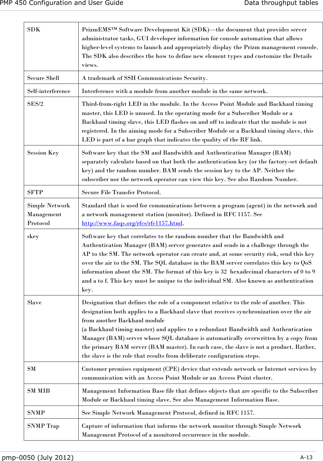 PMP 450 Configuration and User Guide Data throughput tables  pmp-0050 (July 2012)  A-13  SDK PrizmEMS™ Software Development Kit (SDK)—the document that provides server administrator tasks, GUI developer information for console automation that allows higher-level systems to launch and appropriately display the Prizm management console. The SDK also describes the how to define new element types and customize the Details views. Secure Shell A trademark of SSH Communications Security. Self-interference Interference with a module from another module in the same network. SES/2 Third-from-right LED in the module. In the Access Point Module and Backhaul timing master, this LED is unused. In the operating mode for a Subscriber Module or a Backhaul timing slave, this LED flashes on and off to indicate that the module is not registered. In the aiming mode for a Subscriber Module or a Backhaul timing slave, this LED is part of a bar graph that indicates the quality of the RF link. Session Key Software key that the SM and Bandwidth and Authentication Manager (BAM) separately calculate based on that both the authentication key (or the factory-set default key) and the random number. BAM sends the session key to the AP. Neither the subscriber nor the network operator can view this key. See also Random Number. SFTP Secure File Transfer Protocol. Simple Network Management Protocol Standard that is used for communications between a program (agent) in the network and a network management station (monitor). Defined in RFC 1157. See http://www.faqs.org/rfcs/rfc1157.html. skey Software key that correlates to the random number that the Bandwidth and Authentication Manager (BAM) server generates and sends in a challenge through the AP to the SM. The network operator can create and, at some security risk, send this key over the air to the SM. The SQL database in the BAM server correlates this key to QoS information about the SM. The format of this key is 32  hexadecimal characters of 0 to 9 and a to f. This key must be unique to the individual SM. Also known as authentication key. Slave Designation that defines the role of a component relative to the role of another. This designation both applies to a Backhaul slave that receives synchronization over the air from another Backhaul module  (a Backhaul timing master) and applies to a redundant Bandwidth and Authentication Manager (BAM) server whose SQL database is automatically overwritten by a copy from the primary BAM server (BAM master). In each case, the slave is not a product. Rather, the slave is the role that results from deliberate configuration steps. SM Customer premises equipment (CPE) device that extends network or Internet services by communication with an Access Point Module or an Access Point cluster. SM MIB Management Information Base file that defines objects that are specific to the Subscriber Module or Backhaul timing slave. See also Management Information Base. SNMP See Simple Network Management Protocol, defined in RFC 1157. SNMP Trap Capture of information that informs the network monitor through Simple Network Management Protocol of a monitored occurrence in the module. 