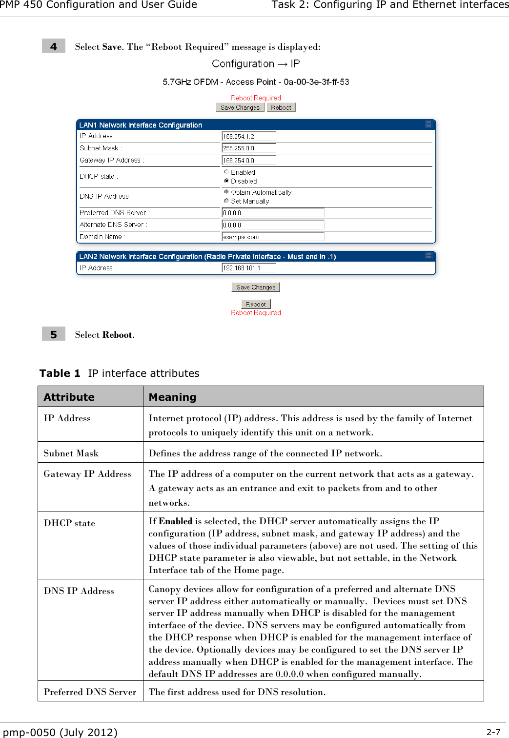 PMP 450 Configuration and User Guide Task 2: Configuring IP and Ethernet interfaces  pmp-0050 (July 2012)  2-7  4 Select Save. The ―Reboot Required‖ message is displayed:  5 Select Reboot.  Table 1  IP interface attributes Attribute Meaning IP Address Internet protocol (IP) address. This address is used by the family of Internet protocols to uniquely identify this unit on a network. Subnet Mask Defines the address range of the connected IP network. Gateway IP Address The IP address of a computer on the current network that acts as a gateway. A gateway acts as an entrance and exit to packets from and to other networks. DHCP state If Enabled is selected, the DHCP server automatically assigns the IP configuration (IP address, subnet mask, and gateway IP address) and the values of those individual parameters (above) are not used. The setting of this DHCP state parameter is also viewable, but not settable, in the Network Interface tab of the Home page. DNS IP Address Canopy devices allow for configuration of a preferred and alternate DNS server IP address either automatically or manually.  Devices must set DNS server IP address manually when DHCP is disabled for the management interface of the device. DNS servers may be configured automatically from the DHCP response when DHCP is enabled for the management interface of the device. Optionally devices may be configured to set the DNS server IP address manually when DHCP is enabled for the management interface. The default DNS IP addresses are 0.0.0.0 when configured manually.  Preferred DNS Server The first address used for DNS resolution. 