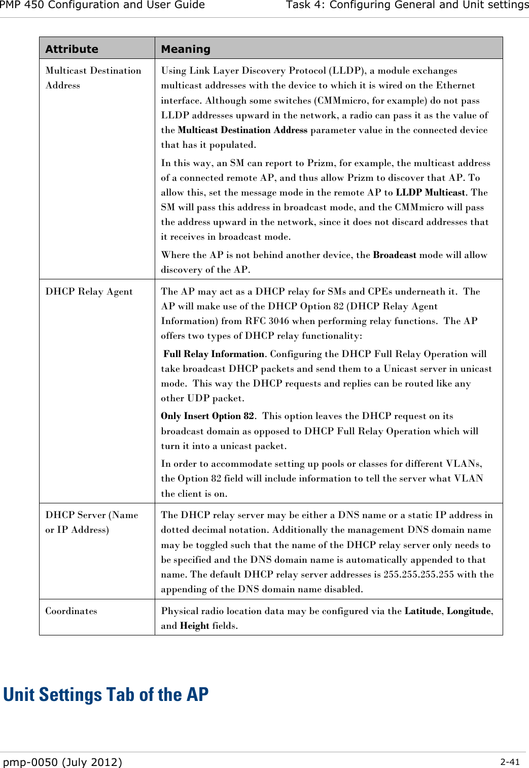 PMP 450 Configuration and User Guide Task 4: Configuring General and Unit settings  pmp-0050 (July 2012)  2-41  Attribute Meaning Multicast Destination Address  Using Link Layer Discovery Protocol (LLDP), a module exchanges multicast addresses with the device to which it is wired on the Ethernet interface. Although some switches (CMMmicro, for example) do not pass LLDP addresses upward in the network, a radio can pass it as the value of the Multicast Destination Address parameter value in the connected device that has it populated.  In this way, an SM can report to Prizm, for example, the multicast address of a connected remote AP, and thus allow Prizm to discover that AP. To allow this, set the message mode in the remote AP to LLDP Multicast. The SM will pass this address in broadcast mode, and the CMMmicro will pass the address upward in the network, since it does not discard addresses that it receives in broadcast mode. Where the AP is not behind another device, the Broadcast mode will allow discovery of the AP. DHCP Relay Agent  The AP may act as a DHCP relay for SMs and CPEs underneath it.  The AP will make use of the DHCP Option 82 (DHCP Relay Agent Information) from RFC 3046 when performing relay functions.  The AP offers two types of DHCP relay functionality:    Full Relay Information. Configuring the DHCP Full Relay Operation will take broadcast DHCP packets and send them to a Unicast server in unicast mode.  This way the DHCP requests and replies can be routed like any other UDP packet. Only Insert Option 82.  This option leaves the DHCP request on its broadcast domain as opposed to DHCP Full Relay Operation which will turn it into a unicast packet. In order to accommodate setting up pools or classes for different VLANs, the Option 82 field will include information to tell the server what VLAN the client is on. DHCP Server (Name or IP Address) The DHCP relay server may be either a DNS name or a static IP address in dotted decimal notation. Additionally the management DNS domain name may be toggled such that the name of the DHCP relay server only needs to be specified and the DNS domain name is automatically appended to that name. The default DHCP relay server addresses is 255.255.255.255 with the appending of the DNS domain name disabled. Coordinates Physical radio location data may be configured via the Latitude, Longitude, and Height fields.   Unit Settings Tab of the AP   