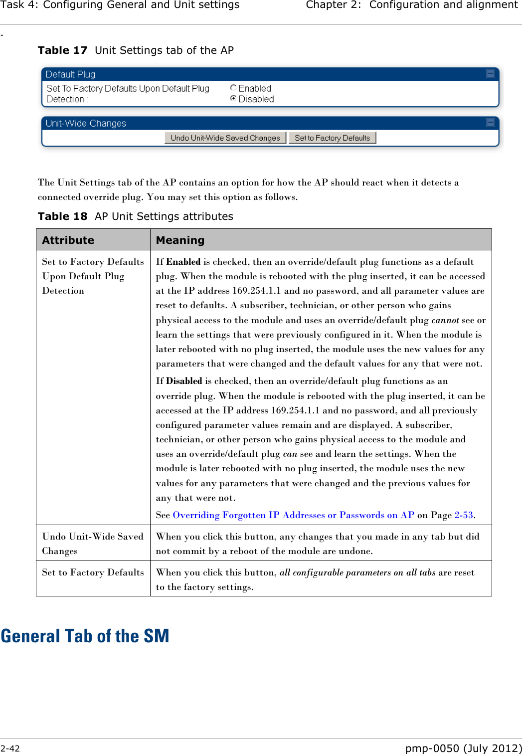 Task 4: Configuring General and Unit settings Chapter 2:  Configuration and alignment - 2-42  pmp-0050 (July 2012)  Table 17  Unit Settings tab of the AP   The Unit Settings tab of the AP contains an option for how the AP should react when it detects a connected override plug. You may set this option as follows. Table 18  AP Unit Settings attributes Attribute Meaning Set to Factory Defaults Upon Default Plug Detection  If Enabled is checked, then an override/default plug functions as a default plug. When the module is rebooted with the plug inserted, it can be accessed at the IP address 169.254.1.1 and no password, and all parameter values are reset to defaults. A subscriber, technician, or other person who gains physical access to the module and uses an override/default plug cannot see or learn the settings that were previously configured in it. When the module is later rebooted with no plug inserted, the module uses the new values for any parameters that were changed and the default values for any that were not. If Disabled is checked, then an override/default plug functions as an override plug. When the module is rebooted with the plug inserted, it can be accessed at the IP address 169.254.1.1 and no password, and all previously configured parameter values remain and are displayed. A subscriber, technician, or other person who gains physical access to the module and uses an override/default plug can see and learn the settings. When the module is later rebooted with no plug inserted, the module uses the new values for any parameters that were changed and the previous values for any that were not. See Overriding Forgotten IP Addresses or Passwords on AP on Page 2-53. Undo Unit-Wide Saved Changes When you click this button, any changes that you made in any tab but did not commit by a reboot of the module are undone. Set to Factory Defaults When you click this button, all configurable parameters on all tabs are reset to the factory settings.  General Tab of the SM  