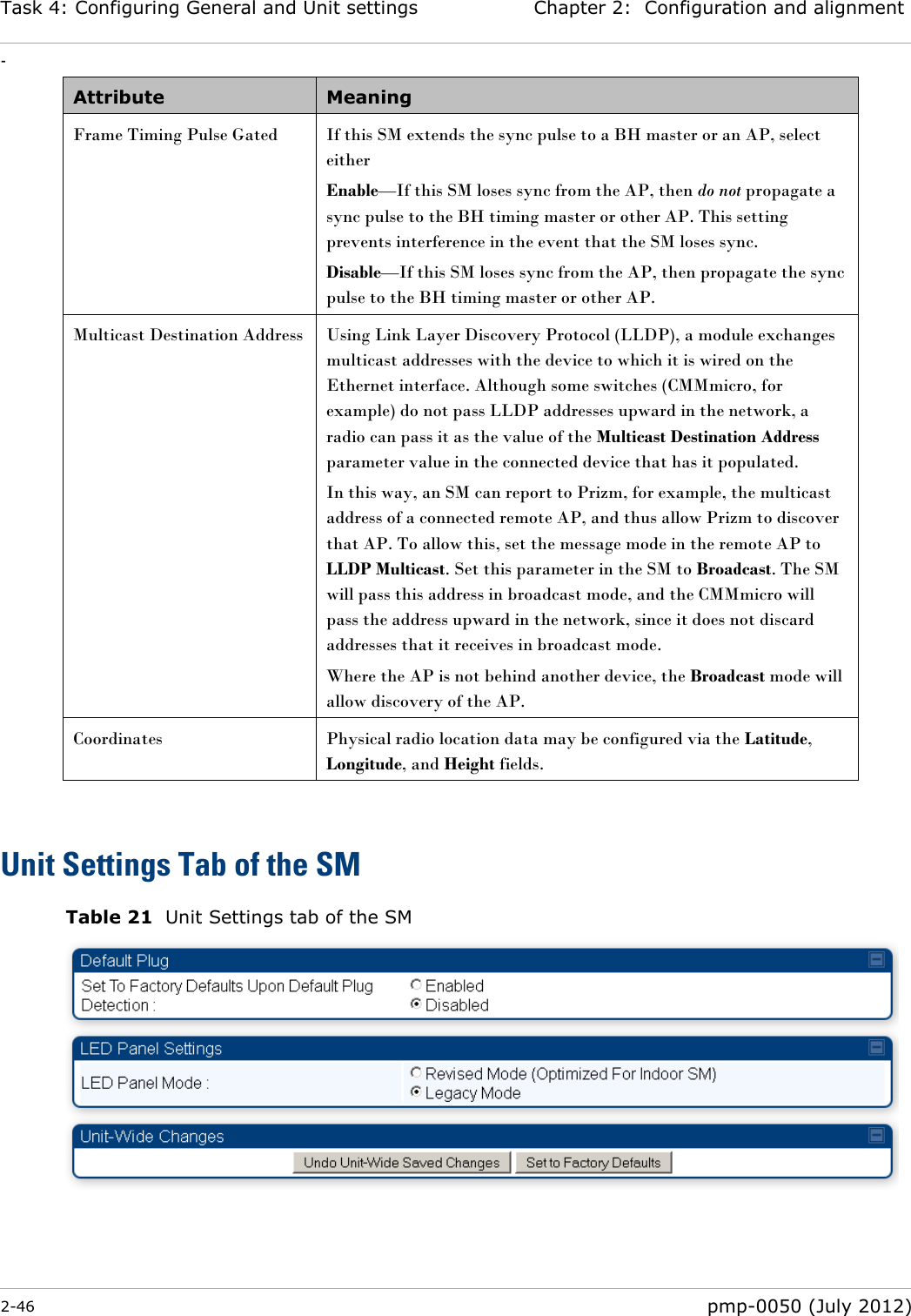 Task 4: Configuring General and Unit settings Chapter 2:  Configuration and alignment - 2-46  pmp-0050 (July 2012)  Attribute Meaning Frame Timing Pulse Gated  If this SM extends the sync pulse to a BH master or an AP, select either Enable—If this SM loses sync from the AP, then do not propagate a sync pulse to the BH timing master or other AP. This setting prevents interference in the event that the SM loses sync. Disable—If this SM loses sync from the AP, then propagate the sync pulse to the BH timing master or other AP. Multicast Destination Address  Using Link Layer Discovery Protocol (LLDP), a module exchanges multicast addresses with the device to which it is wired on the Ethernet interface. Although some switches (CMMmicro, for example) do not pass LLDP addresses upward in the network, a radio can pass it as the value of the Multicast Destination Address parameter value in the connected device that has it populated.  In this way, an SM can report to Prizm, for example, the multicast address of a connected remote AP, and thus allow Prizm to discover that AP. To allow this, set the message mode in the remote AP to LLDP Multicast. Set this parameter in the SM to Broadcast. The SM will pass this address in broadcast mode, and the CMMmicro will pass the address upward in the network, since it does not discard addresses that it receives in broadcast mode. Where the AP is not behind another device, the Broadcast mode will allow discovery of the AP. Coordinates Physical radio location data may be configured via the Latitude, Longitude, and Height fields.  Unit Settings Tab of the SM Table 21  Unit Settings tab of the SM    