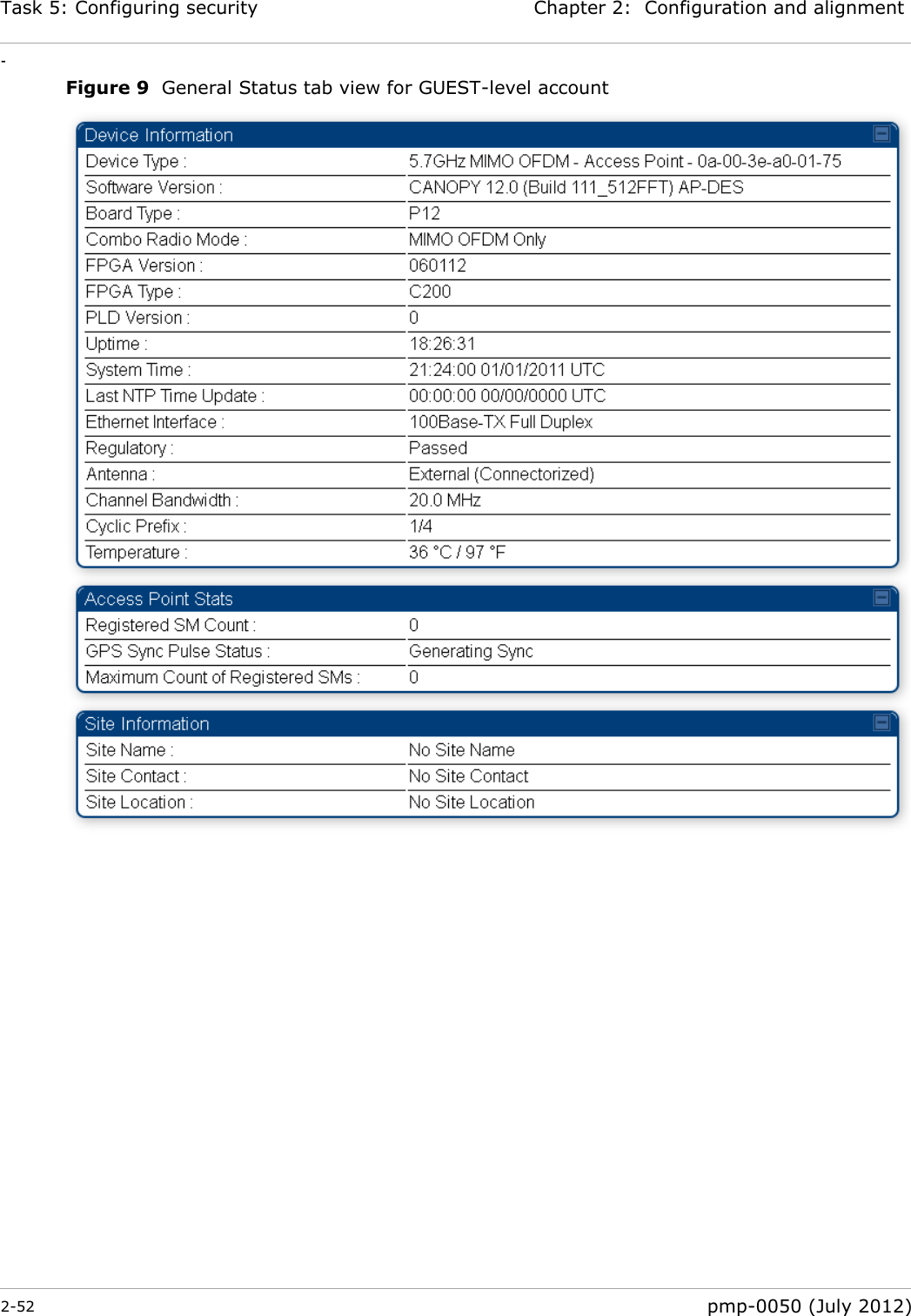 Task 5: Configuring security Chapter 2:  Configuration and alignment - 2-52  pmp-0050 (July 2012)  Figure 9  General Status tab view for GUEST-level account     