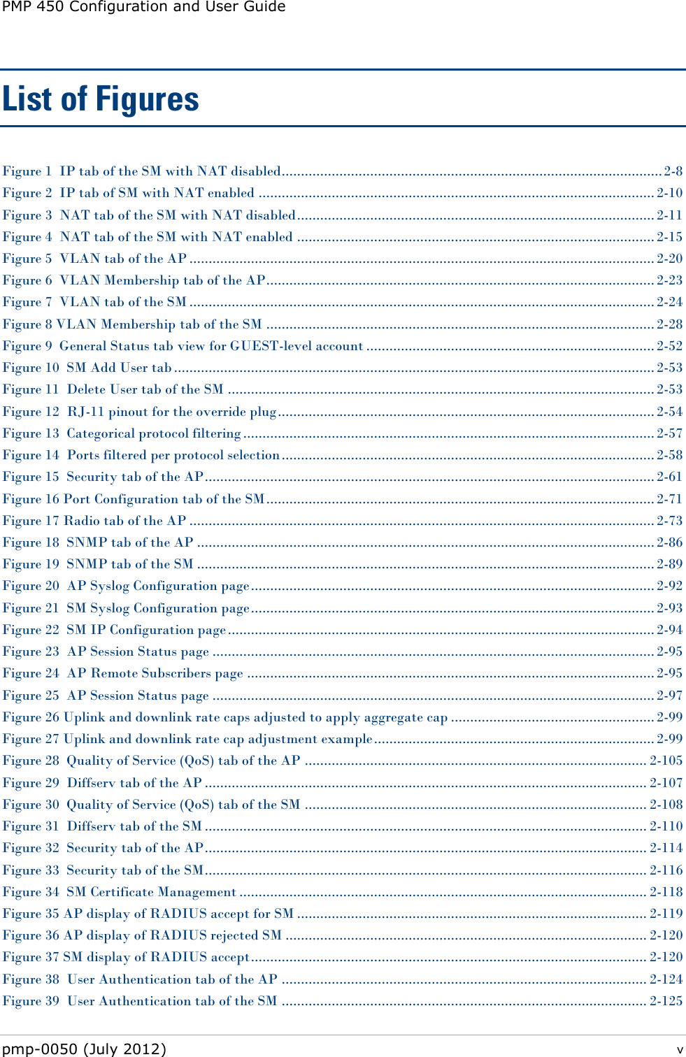 PMP 450 Configuration and User Guide pmp-0050 (July 2012)  v  List of Figures Figure 1  IP tab of the SM with NAT disabled................................................................................................... 2-8 Figure 2  IP tab of SM with NAT enabled ....................................................................................................... 2-10 Figure 3  NAT tab of the SM with NAT disabled ............................................................................................. 2-11 Figure 4  NAT tab of the SM with NAT enabled ............................................................................................. 2-15 Figure 5  VLAN tab of the AP ......................................................................................................................... 2-20 Figure 6  VLAN Membership tab of the AP ..................................................................................................... 2-23 Figure 7  VLAN tab of the SM ......................................................................................................................... 2-24 Figure 8 VLAN Membership tab of the SM ..................................................................................................... 2-28 Figure 9  General Status tab view for GUEST-level account ........................................................................... 2-52 Figure 10  SM Add User tab ............................................................................................................................. 2-53 Figure 11  Delete User tab of the SM ............................................................................................................... 2-53 Figure 12  RJ-11 pinout for the override plug .................................................................................................. 2-54 Figure 13  Categorical protocol filtering ........................................................................................................... 2-57 Figure 14  Ports filtered per protocol selection ................................................................................................. 2-58 Figure 15  Security tab of the AP ..................................................................................................................... 2-61 Figure 16 Port Configuration tab of the SM ..................................................................................................... 2-71 Figure 17 Radio tab of the AP ......................................................................................................................... 2-73 Figure 18  SNMP tab of the AP ....................................................................................................................... 2-86 Figure 19  SNMP tab of the SM ....................................................................................................................... 2-89 Figure 20  AP Syslog Configuration page ......................................................................................................... 2-92 Figure 21  SM Syslog Configuration page ......................................................................................................... 2-93 Figure 22  SM IP Configuration page ............................................................................................................... 2-94 Figure 23  AP Session Status page ................................................................................................................... 2-95 Figure 24  AP Remote Subscribers page .......................................................................................................... 2-95 Figure 25  AP Session Status page ................................................................................................................... 2-97 Figure 26 Uplink and downlink rate caps adjusted to apply aggregate cap ..................................................... 2-99 Figure 27 Uplink and downlink rate cap adjustment example ......................................................................... 2-99 Figure 28  Quality of Service (QoS) tab of the AP ......................................................................................... 2-105 Figure 29  Diffserv tab of the AP ................................................................................................................... 2-107 Figure 30  Quality of Service (QoS) tab of the SM ......................................................................................... 2-108 Figure 31  Diffserv tab of the SM ................................................................................................................... 2-110 Figure 32  Security tab of the AP ................................................................................................................... 2-114 Figure 33  Security tab of the SM ................................................................................................................... 2-116 Figure 34  SM Certificate Management .......................................................................................................... 2-118 Figure 35 AP display of RADIUS accept for SM ........................................................................................... 2-119 Figure 36 AP display of RADIUS rejected SM .............................................................................................. 2-120 Figure 37 SM display of RADIUS accept ....................................................................................................... 2-120 Figure 38  User Authentication tab of the AP ............................................................................................... 2-124 Figure 39  User Authentication tab of the SM ............................................................................................... 2-125 